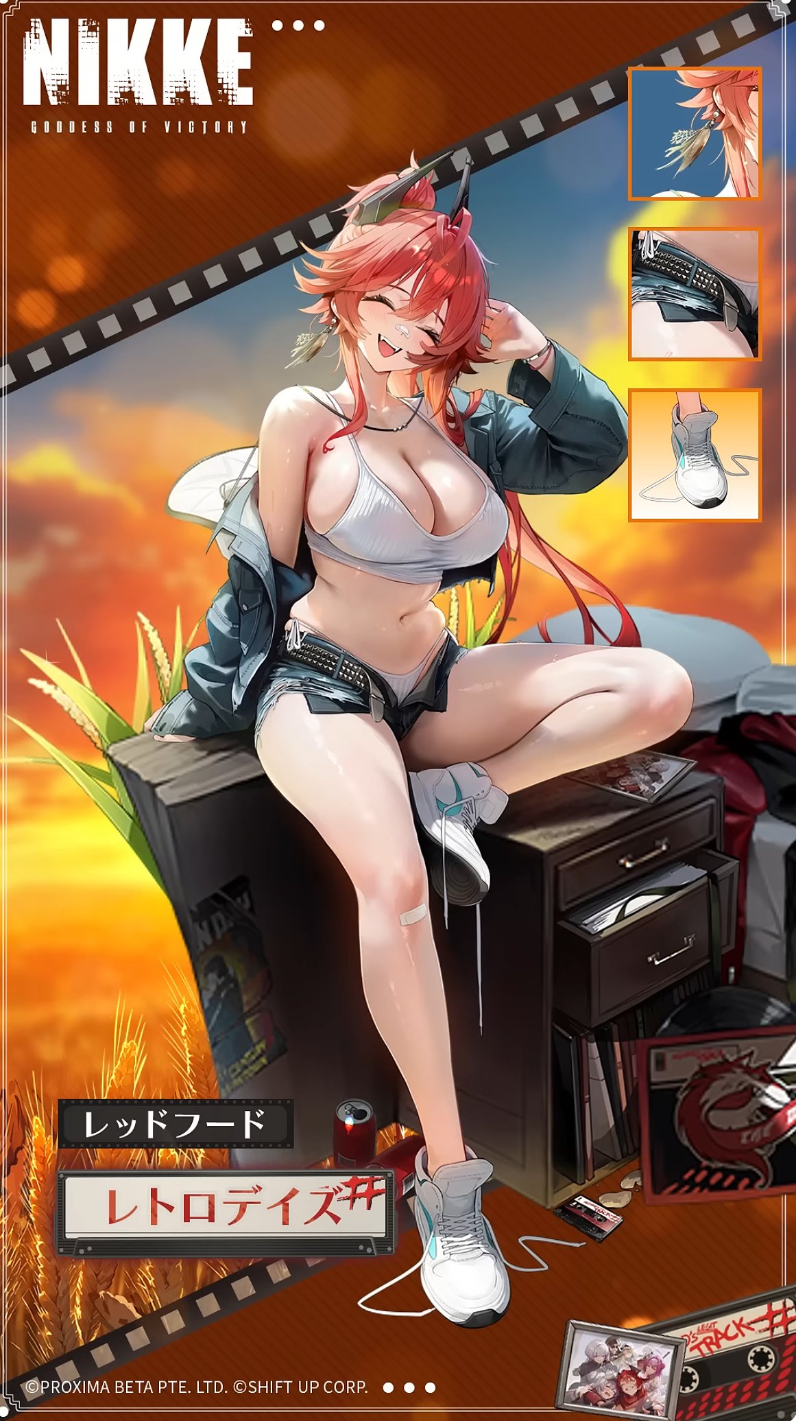 bandaid bra chela77 goddess_of_victory:_nikke horns open_shirt pantsu red_hood_(nikke) string_panties torn_clothes