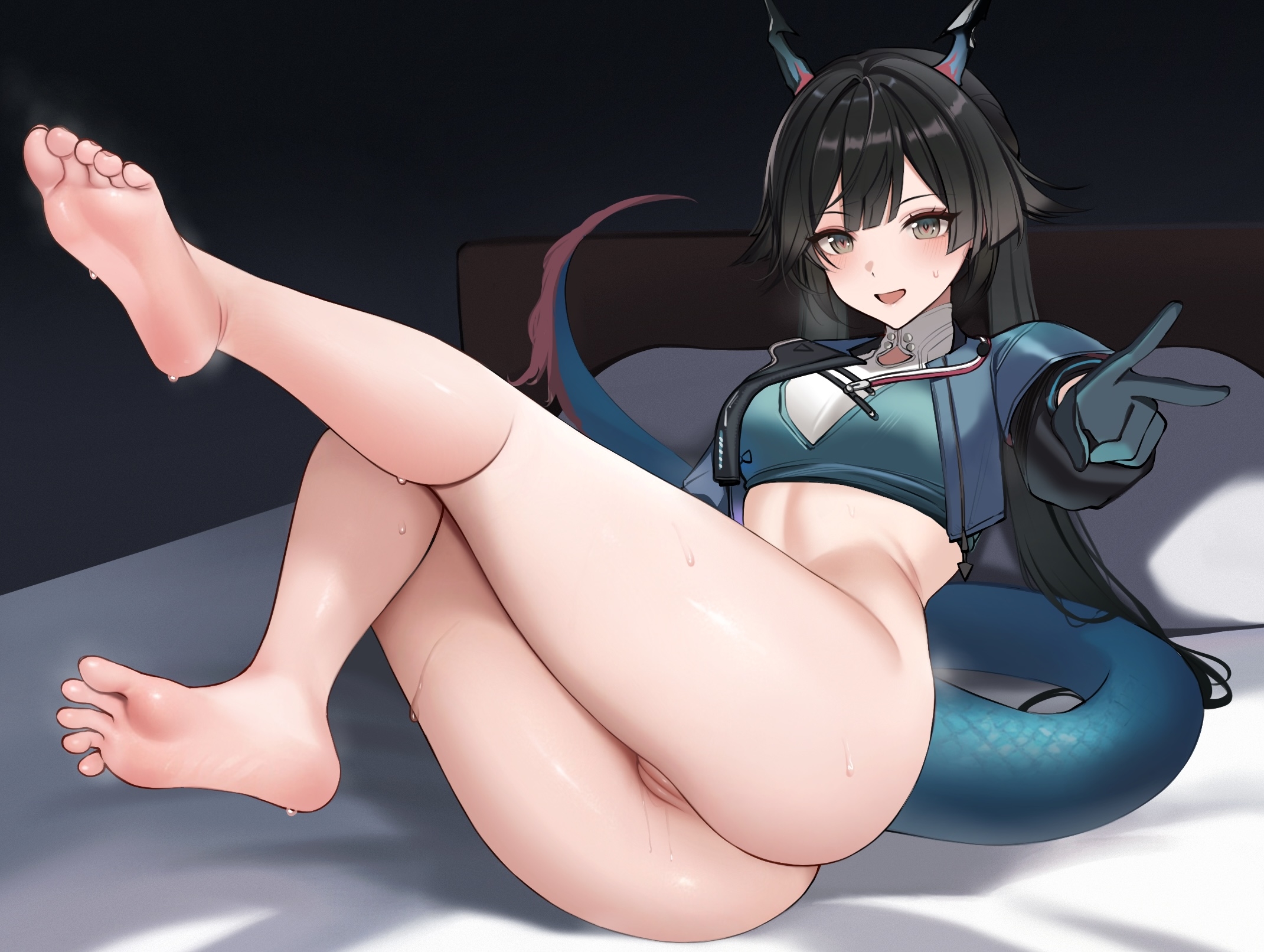 arknights arknights:_endfield ateoyh bottomless chen_qianyu_(arknights) feet horns pussy tail uncensored wet