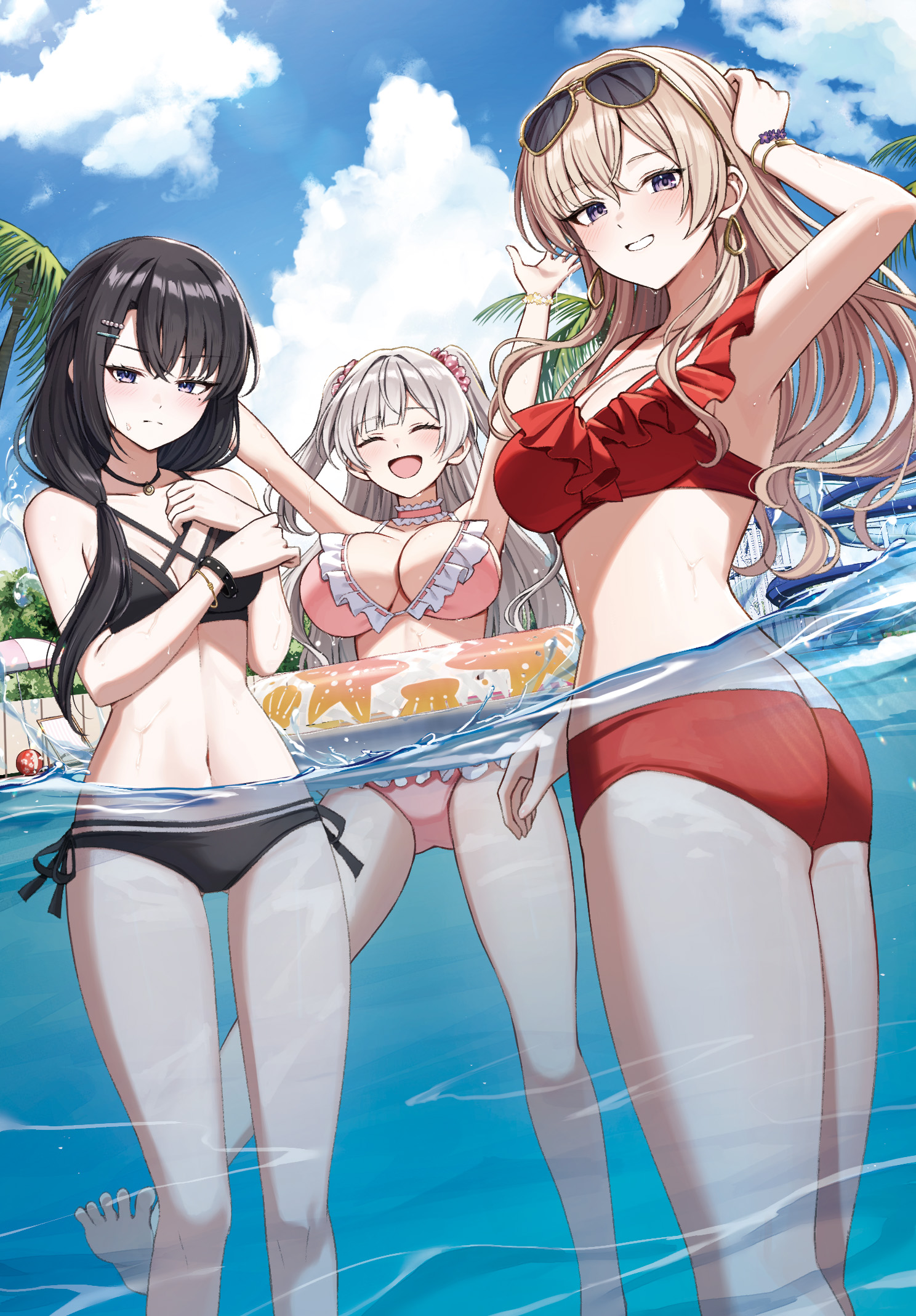bikini breast_hold ichinose_yuria inkya_no_ore_ga_sekigae_de_s-kyuu_bishoujo_ni_kakomaretara_himitsu_no_kankei_ga_hajimatta. kuroki_rui kuroto_yuu megane miyama_airi swimsuits wet