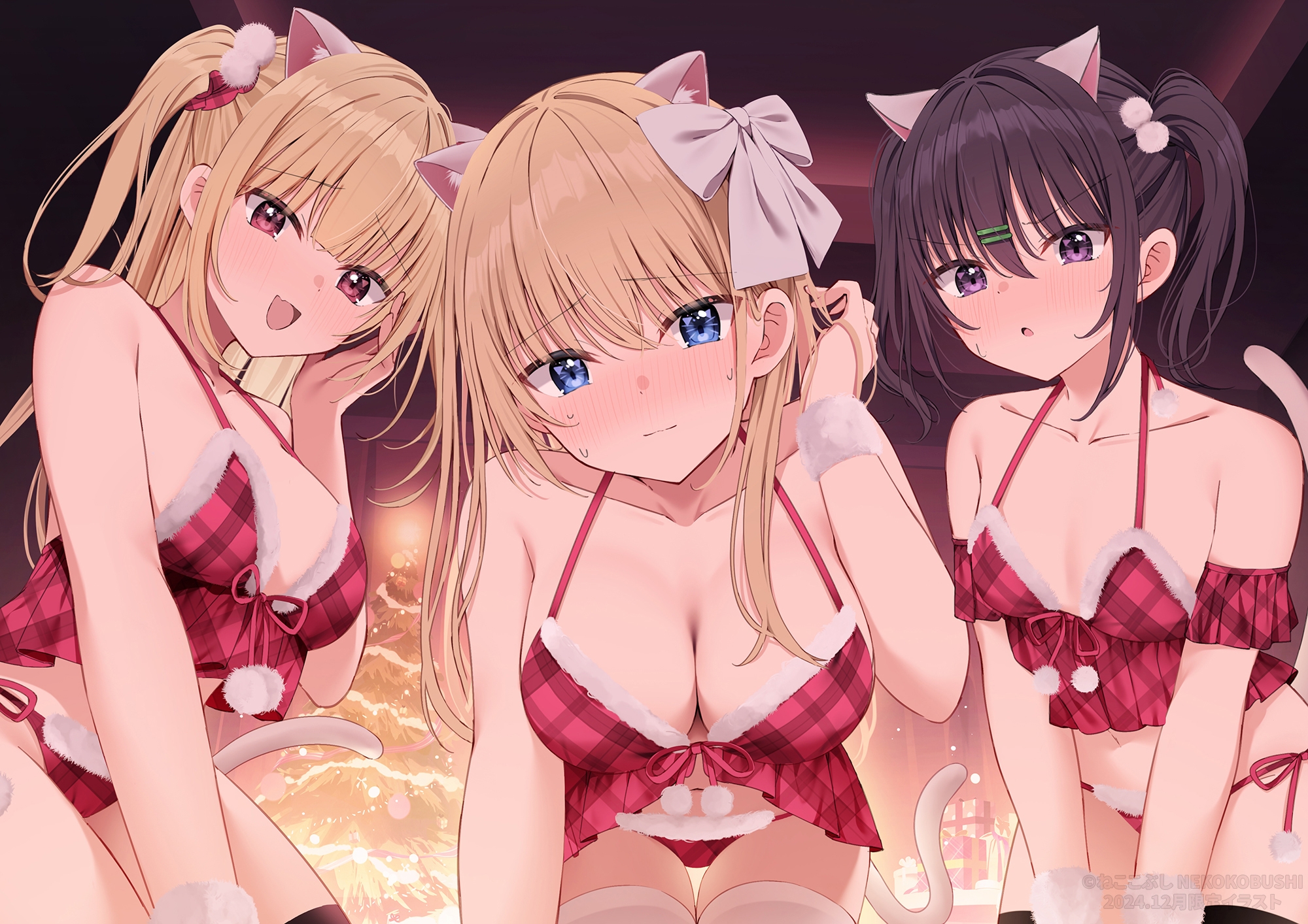 animal_ears bra christmas lingerie nekokobushi nekomimi pantsu string_panties tail thighhighs