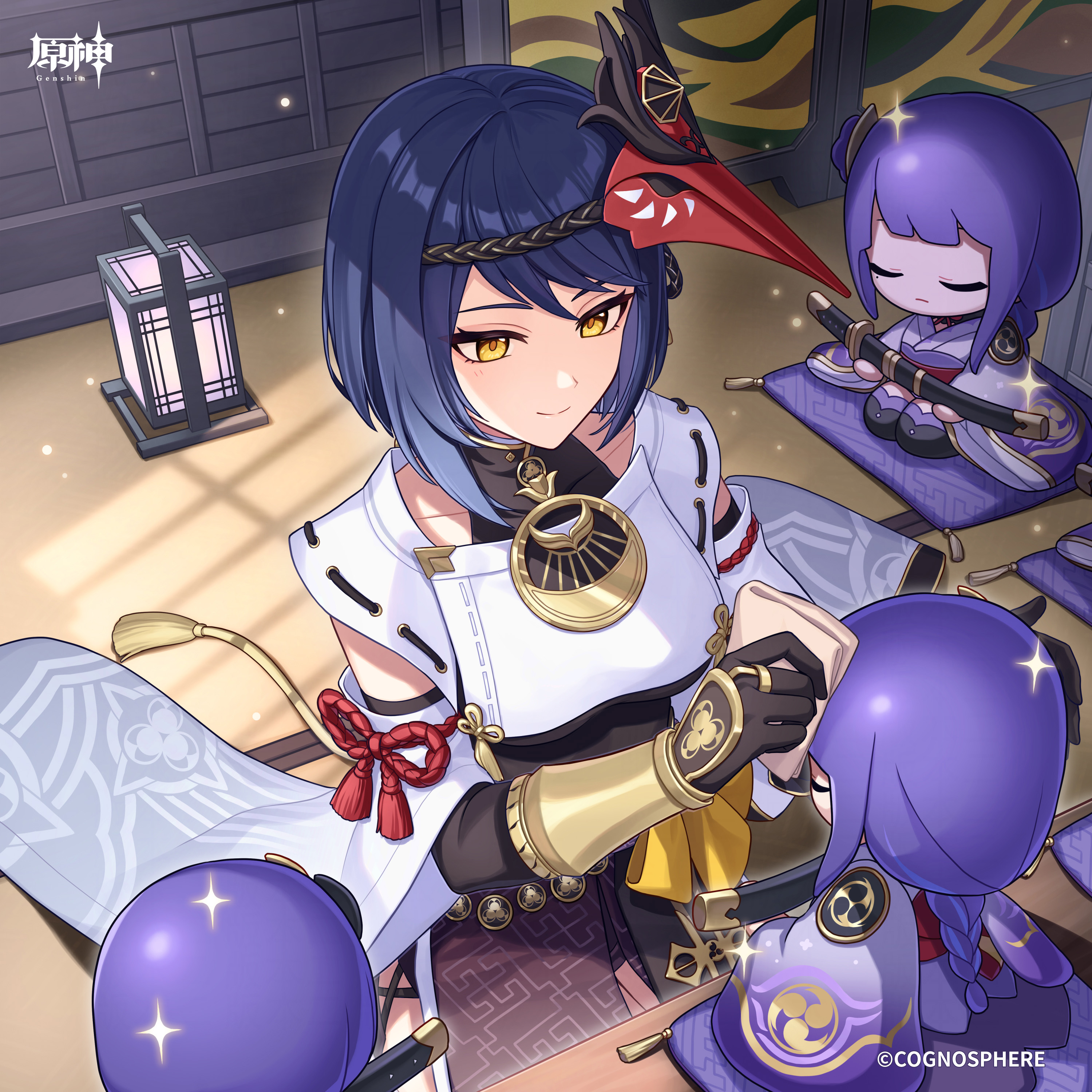armor chibi genshin_impact japanese_clothes kujou_sara raiden_shogun sword thighhighs yamabukiiro