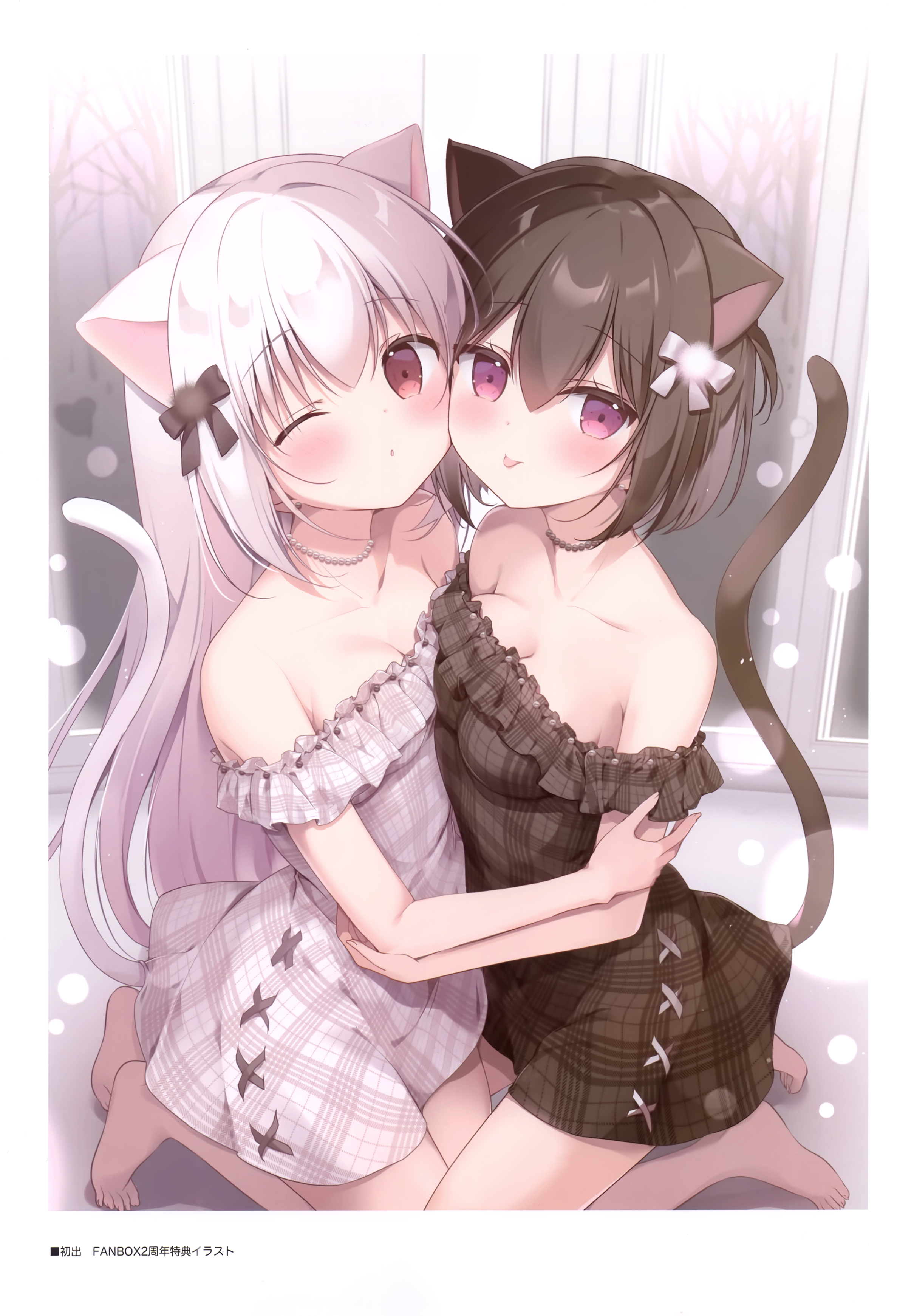 animal_ears canvas+garden dress inae_koron miyasaka_naco nekomimi neru_(canvas+garden) no_bra symmetrical_docking tail yuri