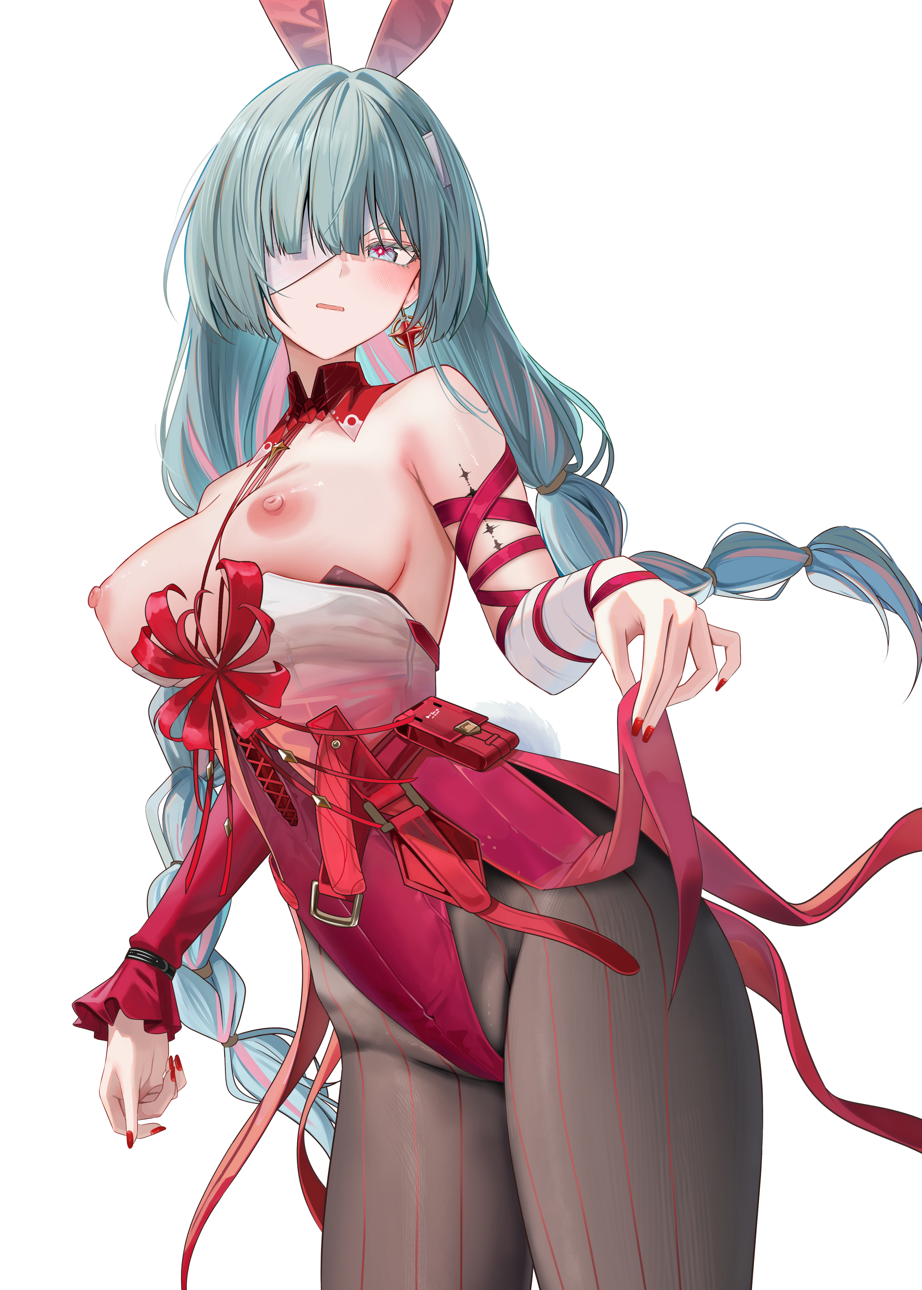 animal_ears bandages breasts bunny_ears bunny_girl eyepatch nipples no_bra pantyhose phrolova ru_zhai skirt_lift tail tattoo wuthering_waves