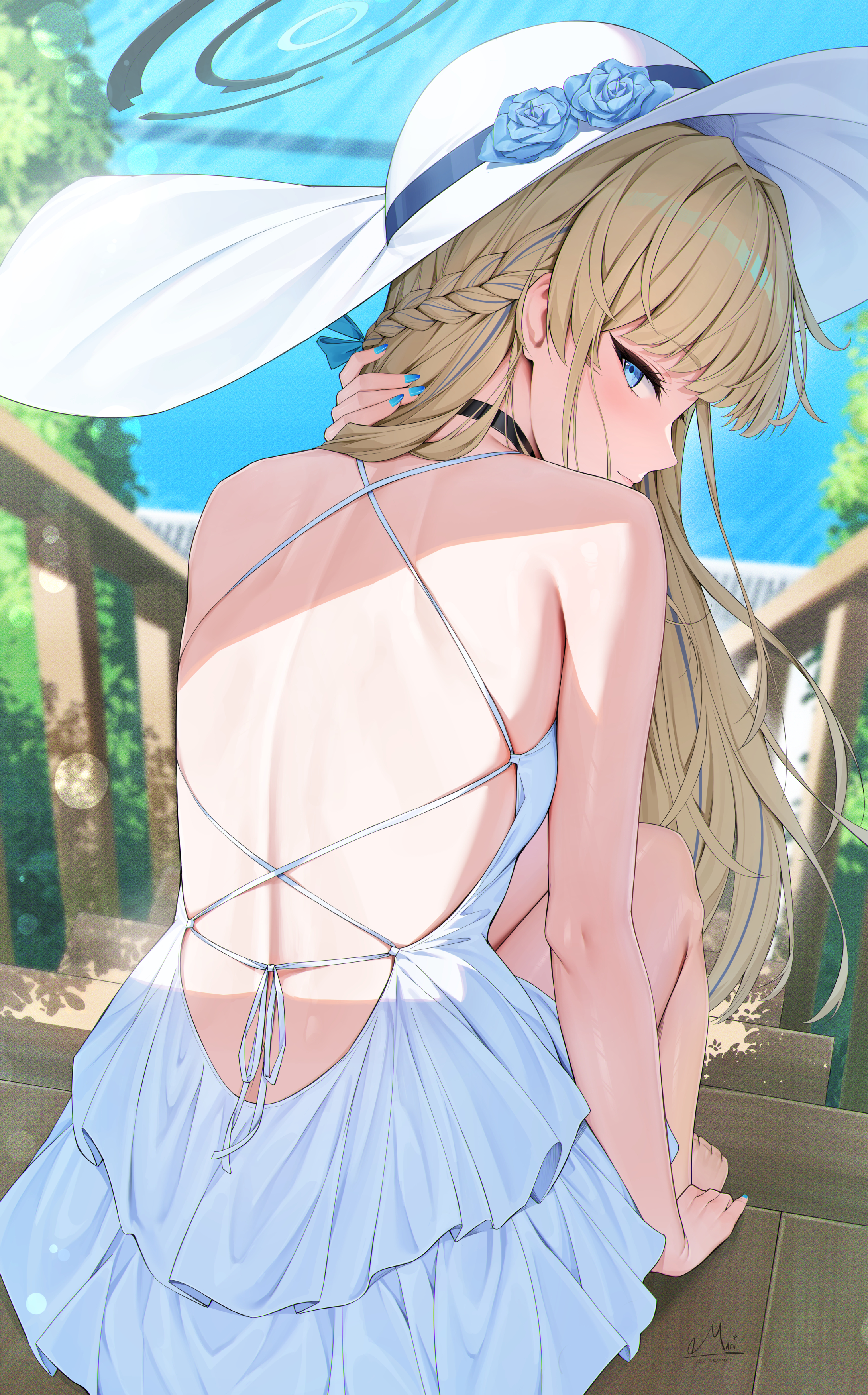 asuma_toki blue_archive dress halo no_bra rosumerii summer_dress