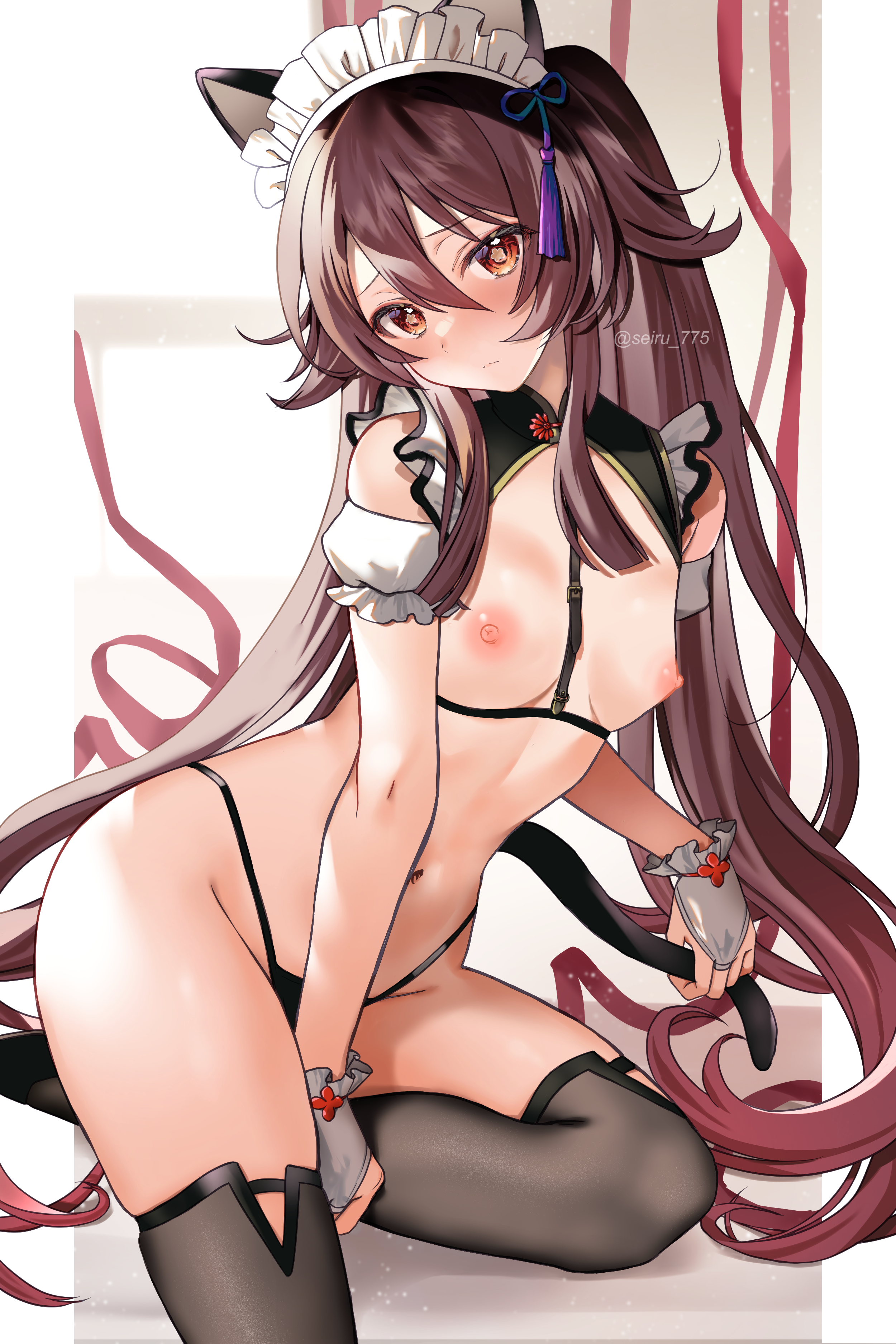 animal_ears breasts genshin_impact hijiri_ruka hu_tao maid nekomimi nipples no_bra pantsu tail thighhighs