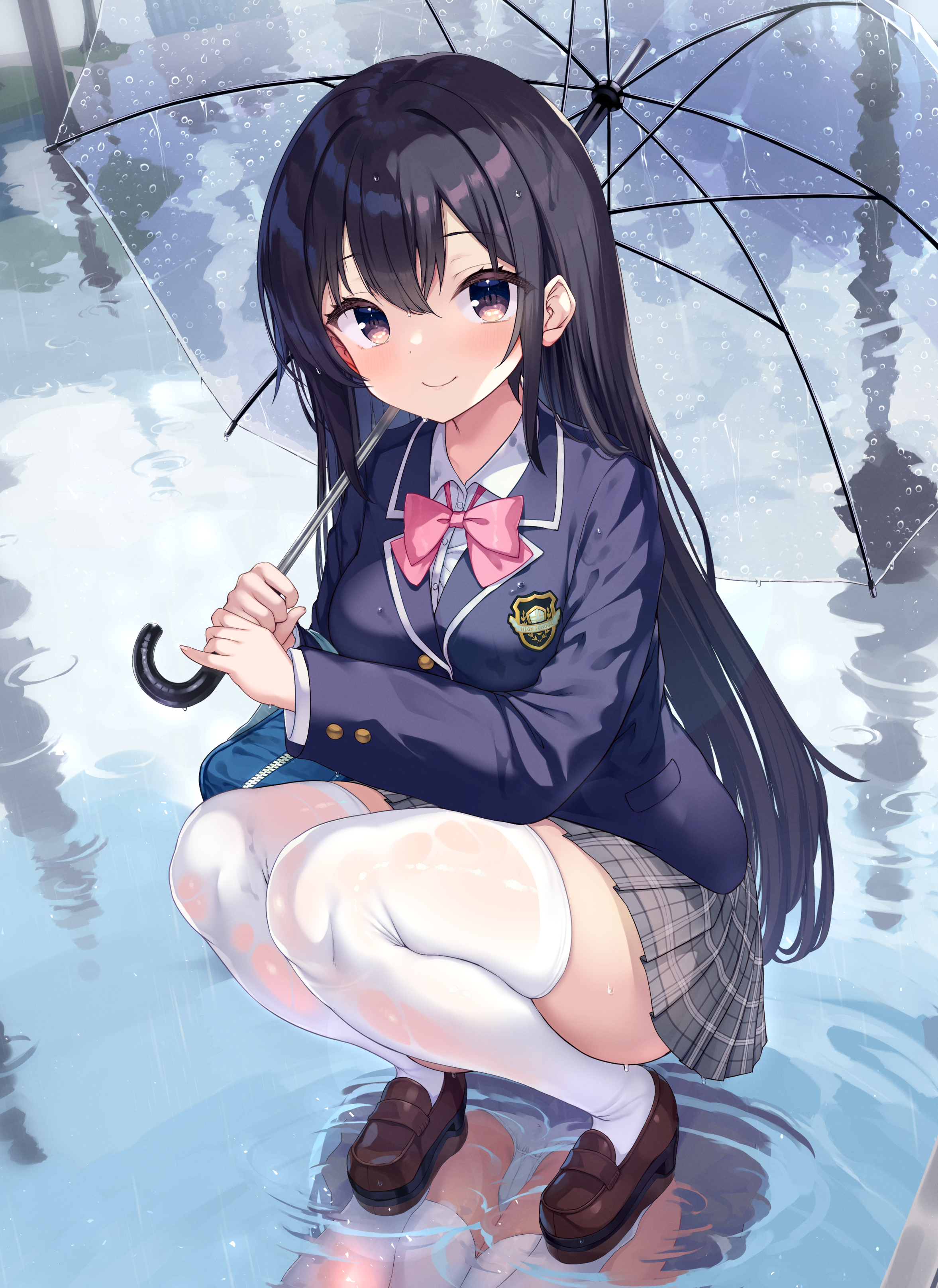 cameltoe ochinsama pantsu seifuku skirt_lift thighhighs thong umbrella wet wet_clothes