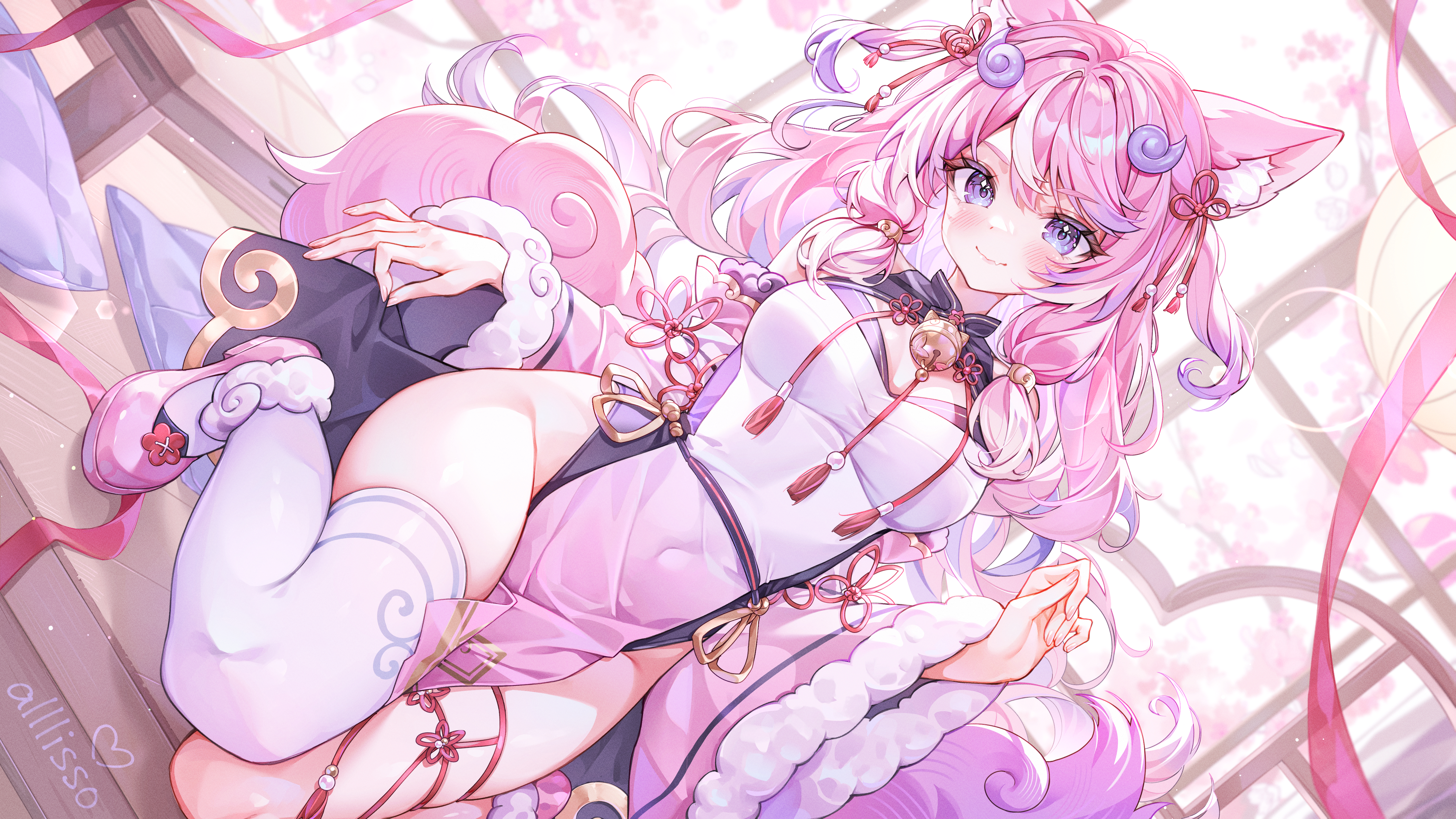 alllisso animal_ears asian_clothes garter indie_virtual_youtuber nopan tail thighhighs yuji_(vtuber)