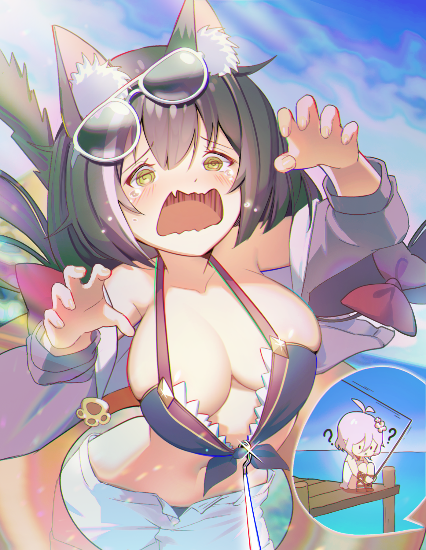 animal_ears bikini dai_nikucho karyl_(princess_connect) kokkoro megane open_shirt pointy_ears princess_connect! princess_connect!_re:dive swimsuits tail undressing