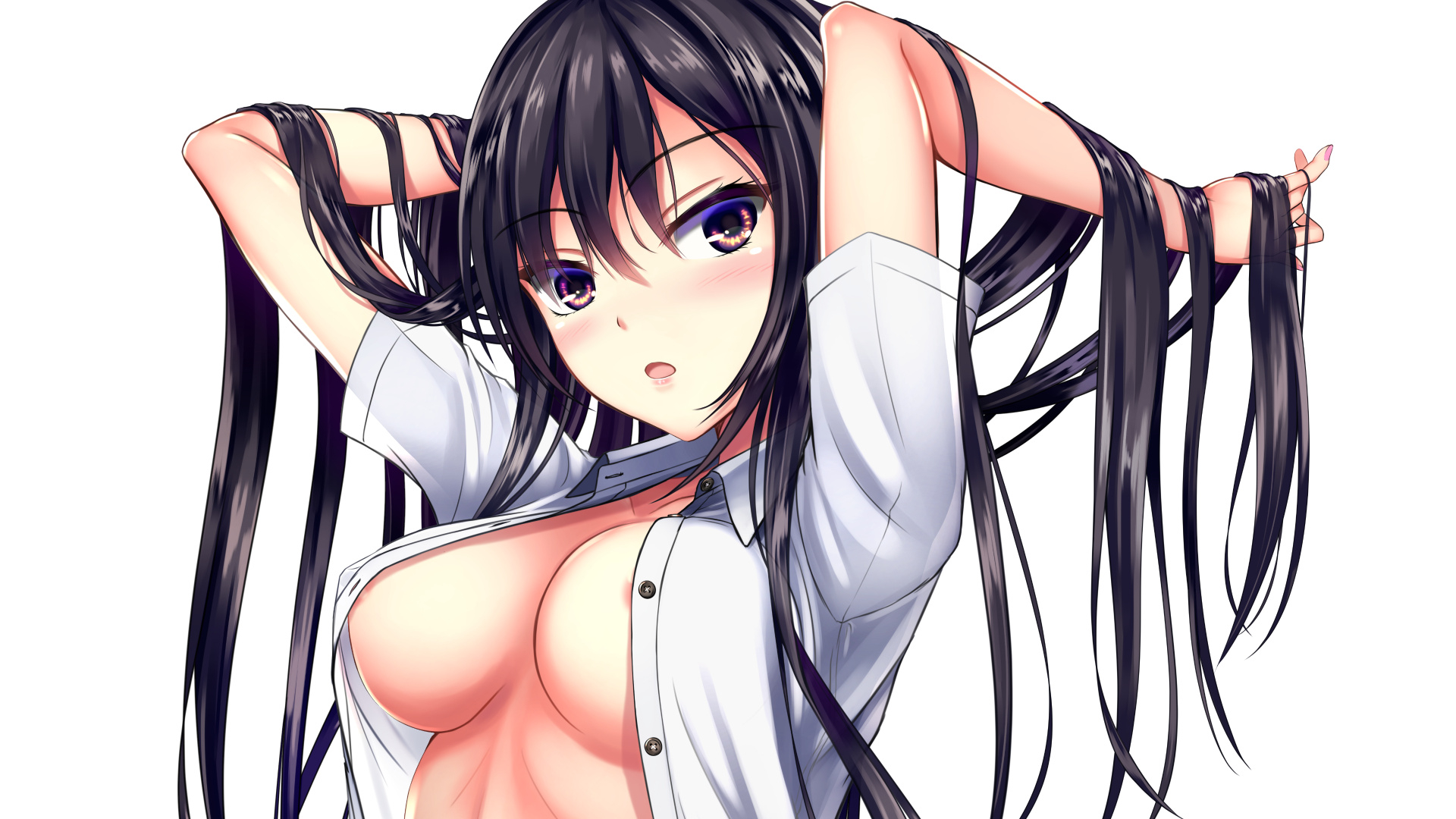 areola dress_shirt kurokamin kurono_mika no_bra open_shirt wallpaper