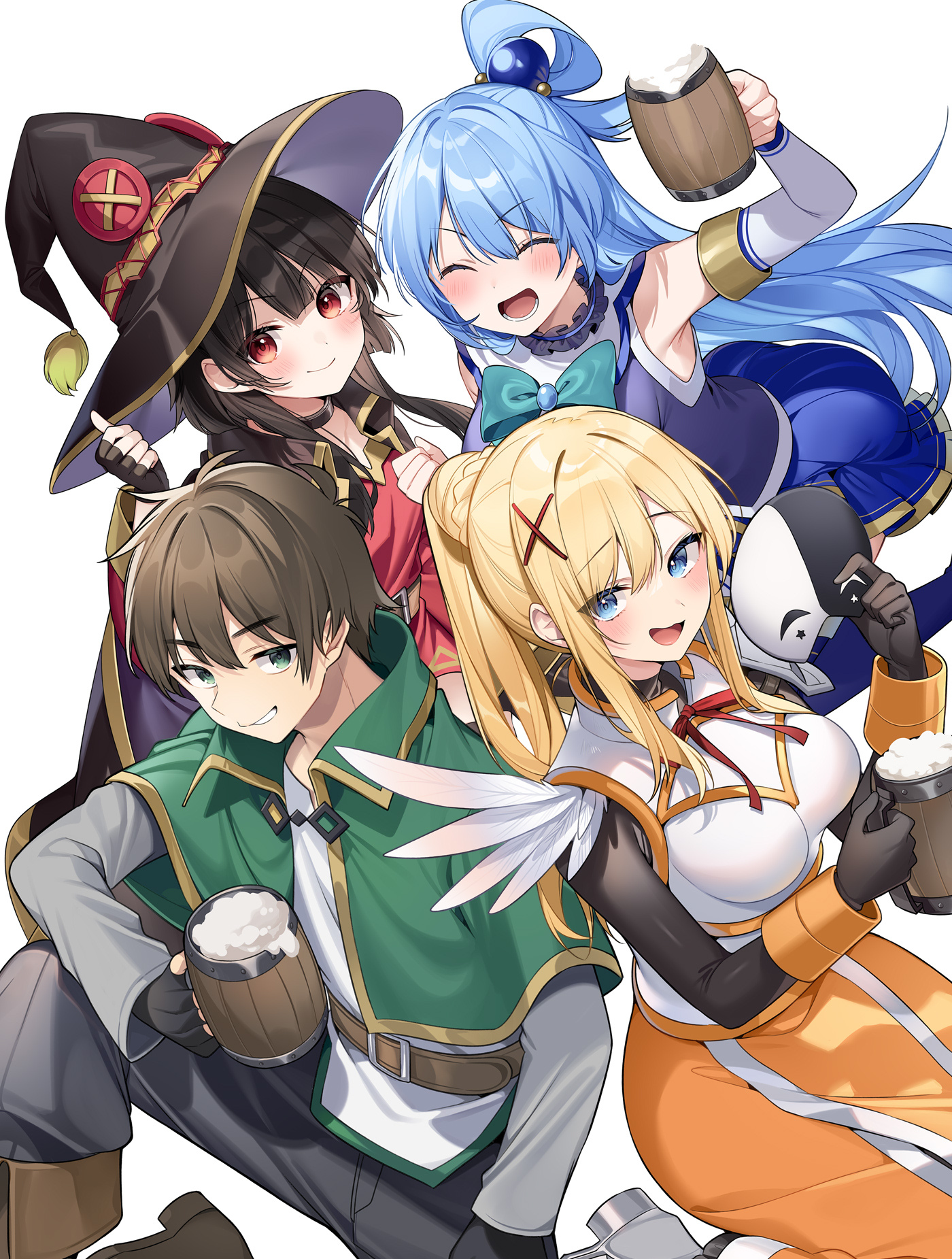 aqua_(konosuba) armor dress dustiness_ford_raratina kono_subarashii_sekai_ni_shukufuku_wo! megumin mishima_kurone satou_kazuma thighhighs witch