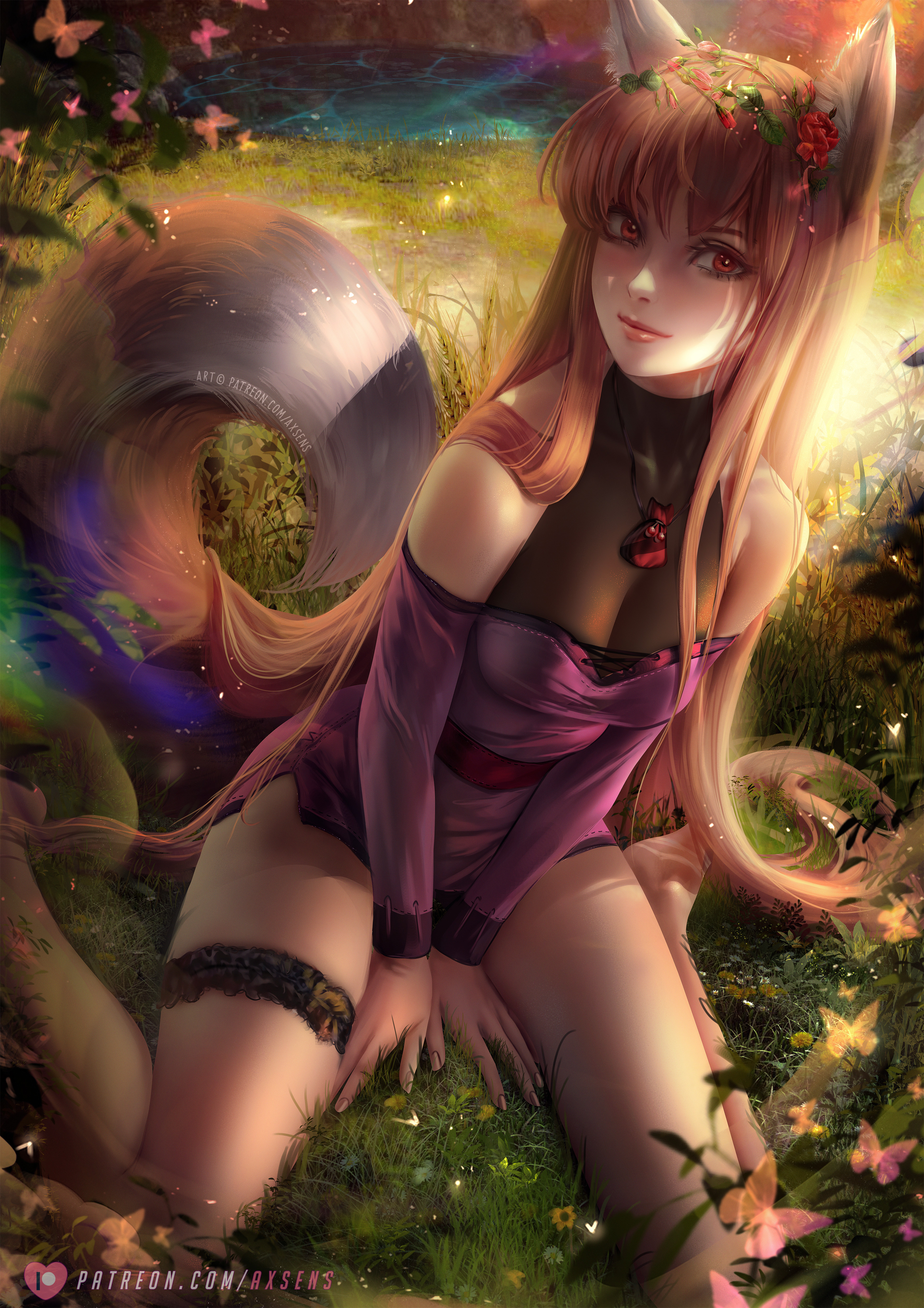 animal_ears axsens dress garter holo kitsune spice_and_wolf tail