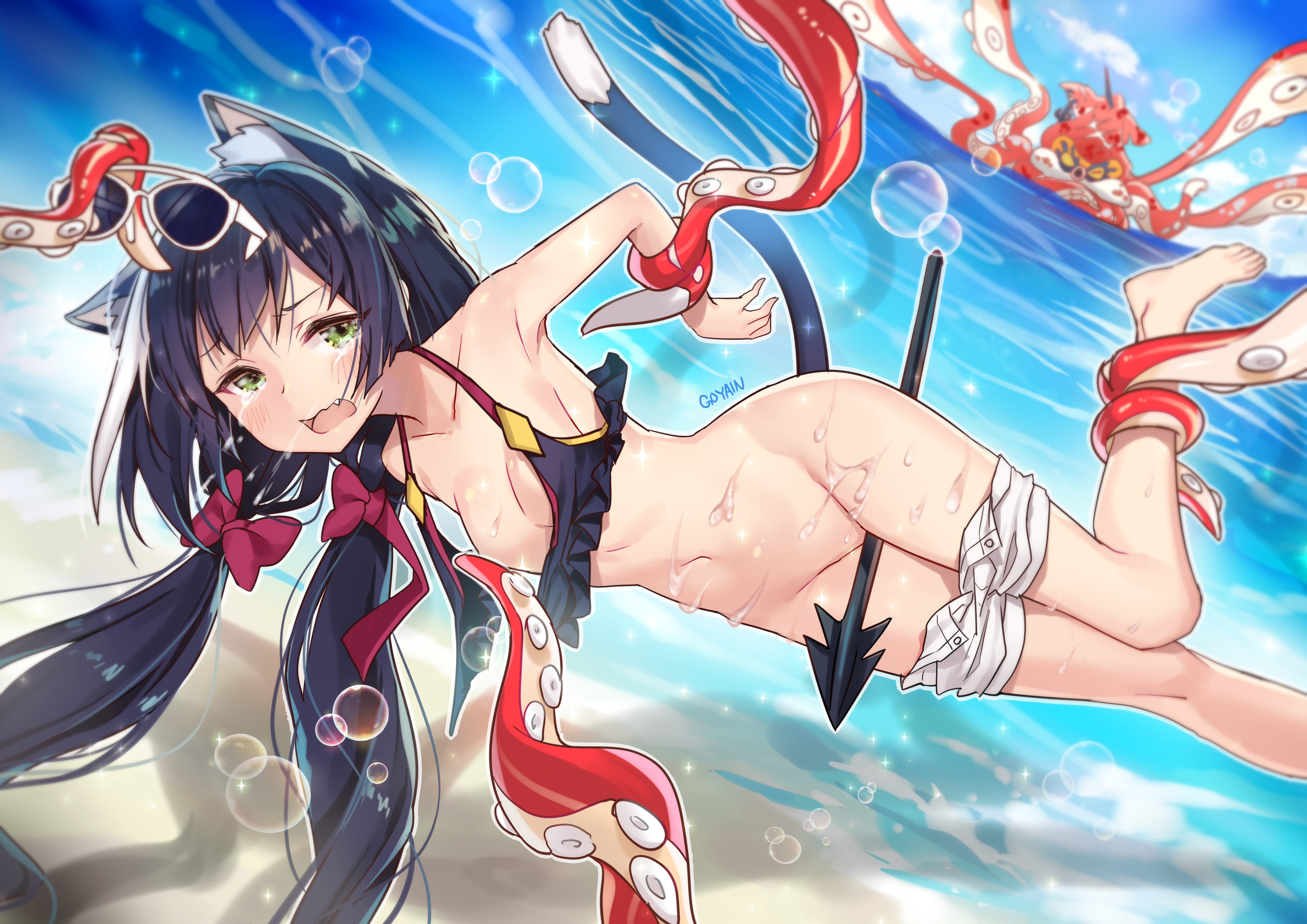 animal_ears bikini_top bondage breasts goyain karyl_(princess_connect) megane nekomimi nopan princess_connect! princess_connect!_re:dive swimsuits tail tentacles wardrobe_malfunction weapon