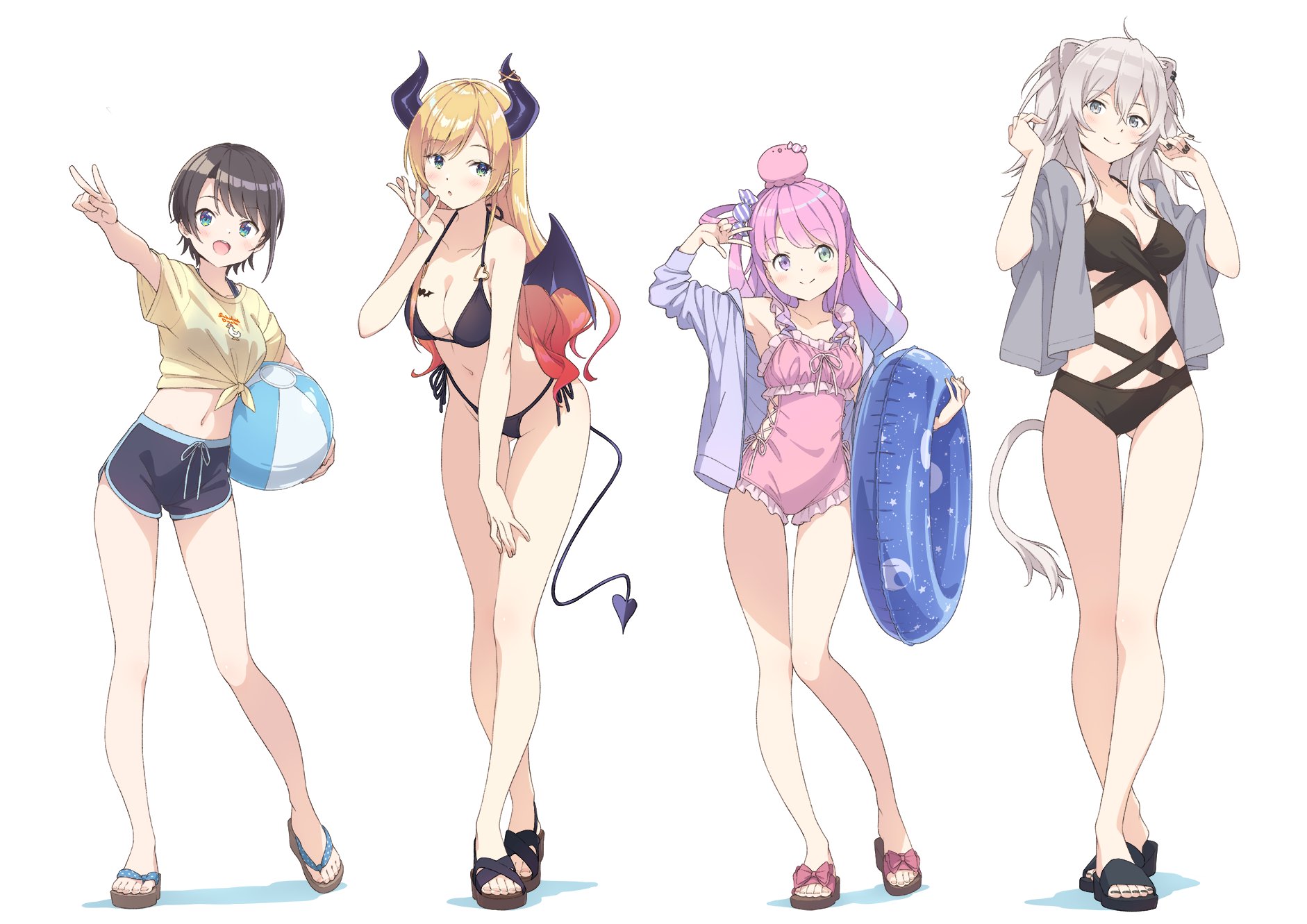 animal_ears bikini heterochromia himemori_luna hololive horns kanzaki_hiro oozora_subaru open_shirt pointy_ears shishiro_botan swimsuits tail tattoo wings yuzuki_choco