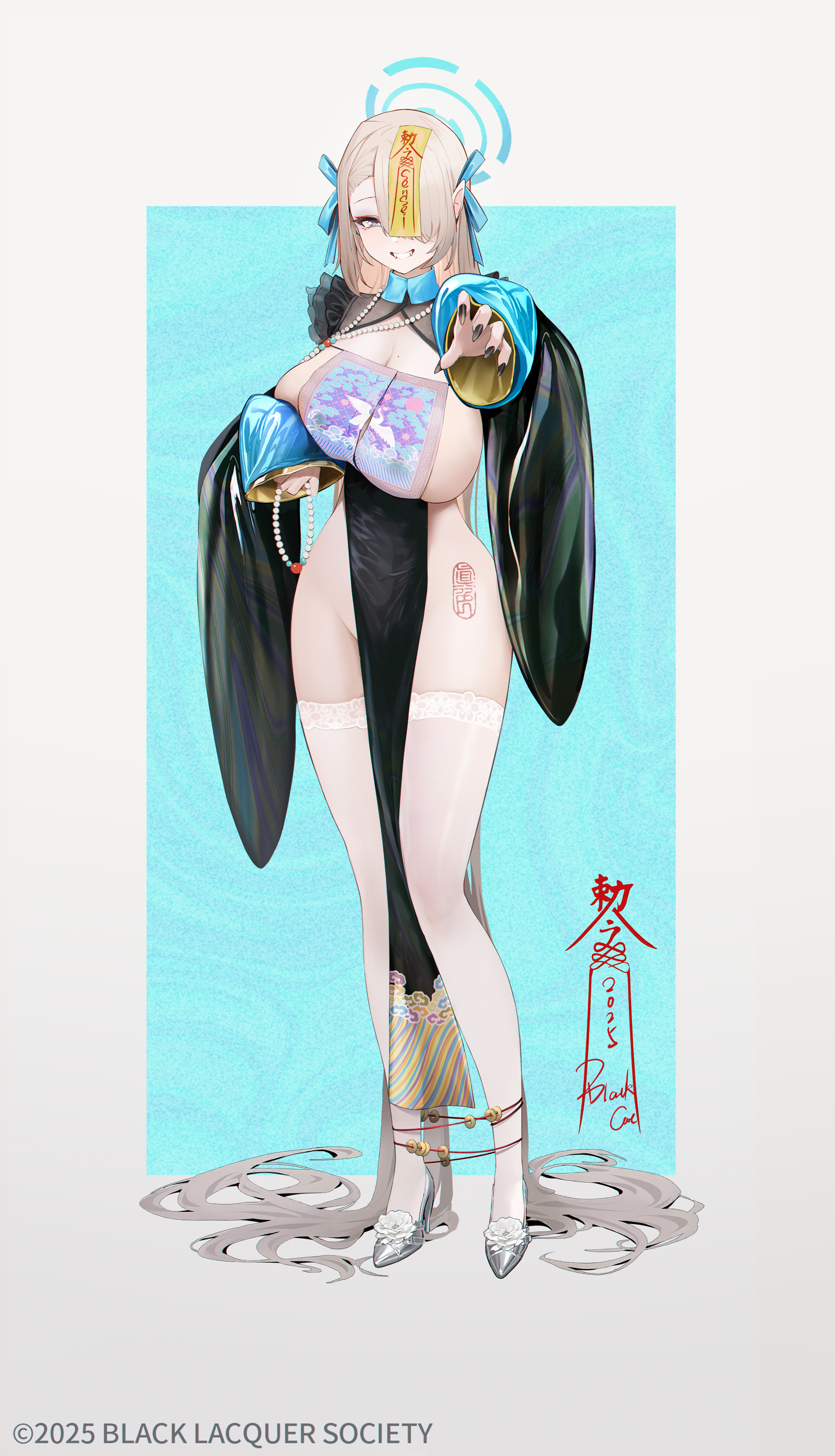 asian_clothes blackcat_enjia blue_archive breast_hold halo heels ichinose_asuna no_bra nopan tattoo thighhighs