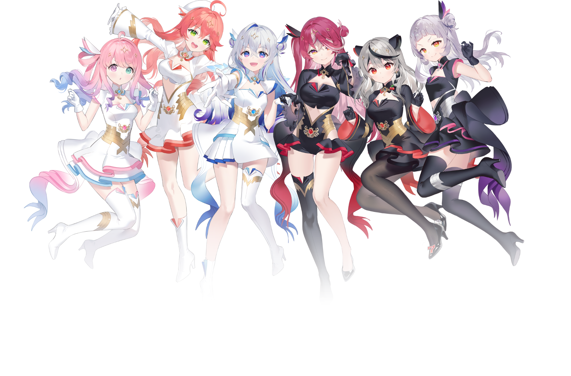 amane_kanata ancotaku garter heels heterochromia himemori_luna hololive houshou_marine magical_girl_holowitches murasaki_shion pantyhose sakamata_chloe sakura_miko skirt_lift thighhighs transparent_png uniform wings