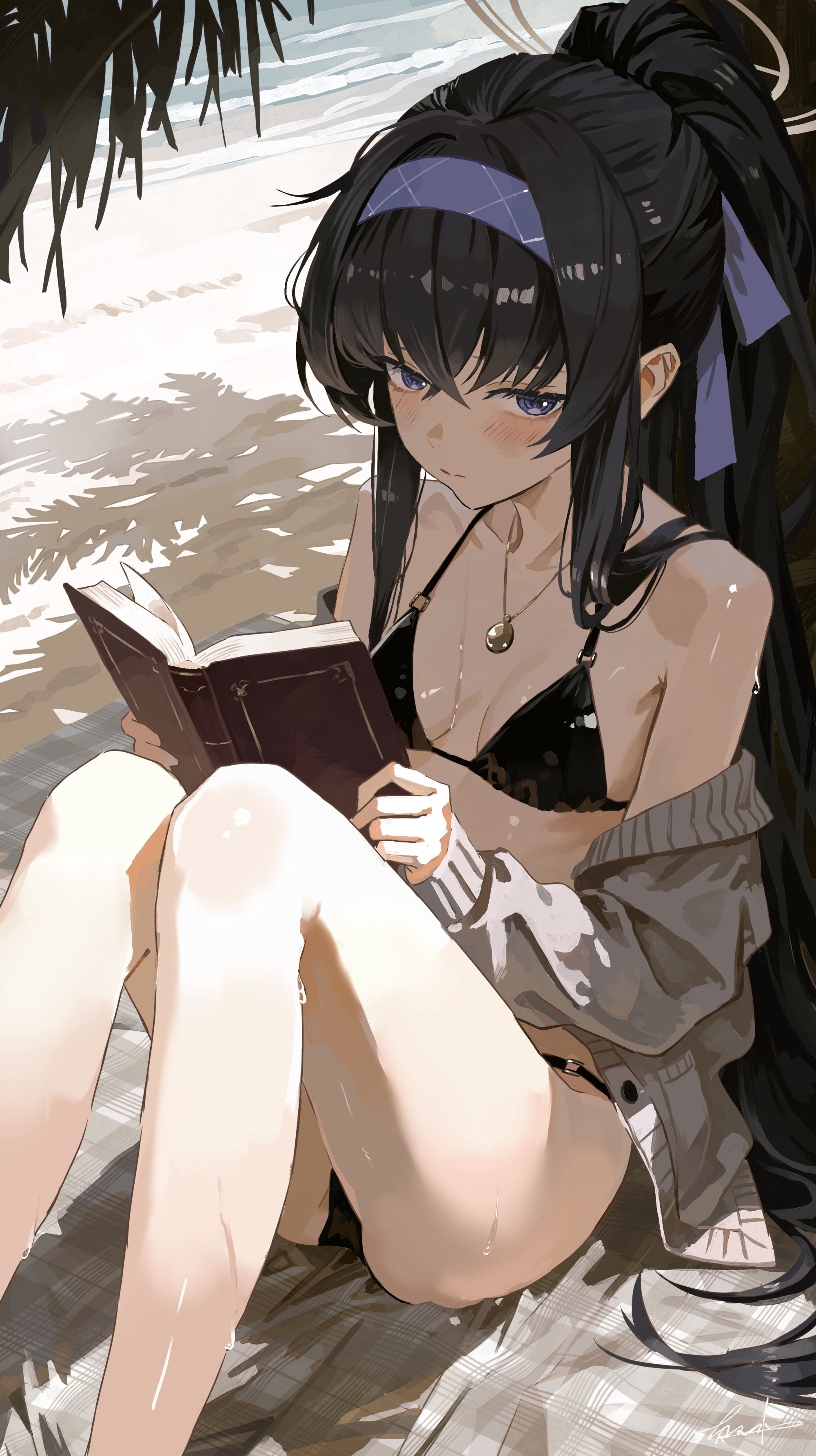 bikini blue_archive halo kozeki_ui open_shirt sweater swimsuits wet yumeno_yume
