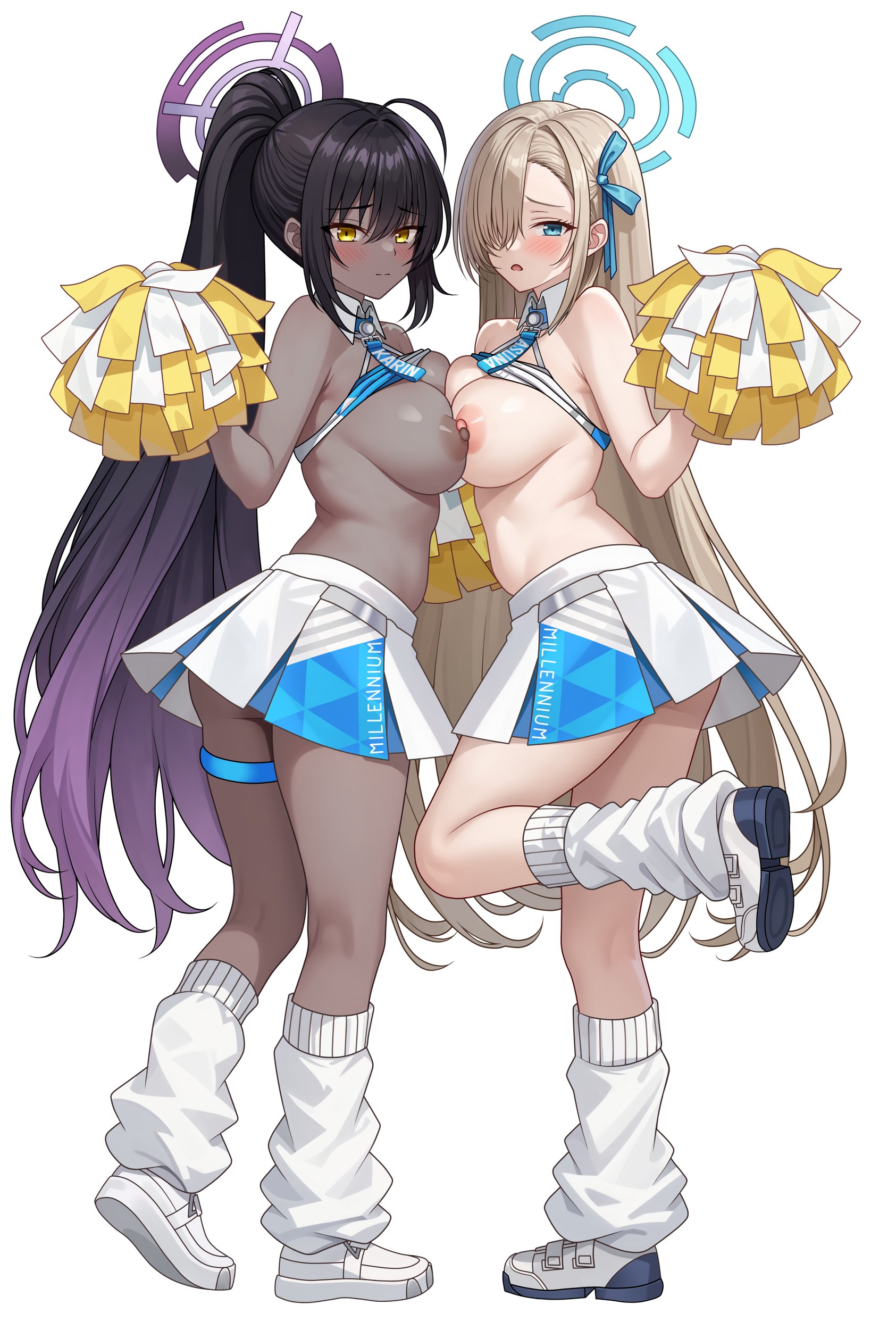 blue_archive breasts cheerleader cosplay garter halo ichinose_asuna kakudate_karin nekozuka_hibiki nipples no_bra shirt_lift skirt_lift symmetrical_docking vodka13