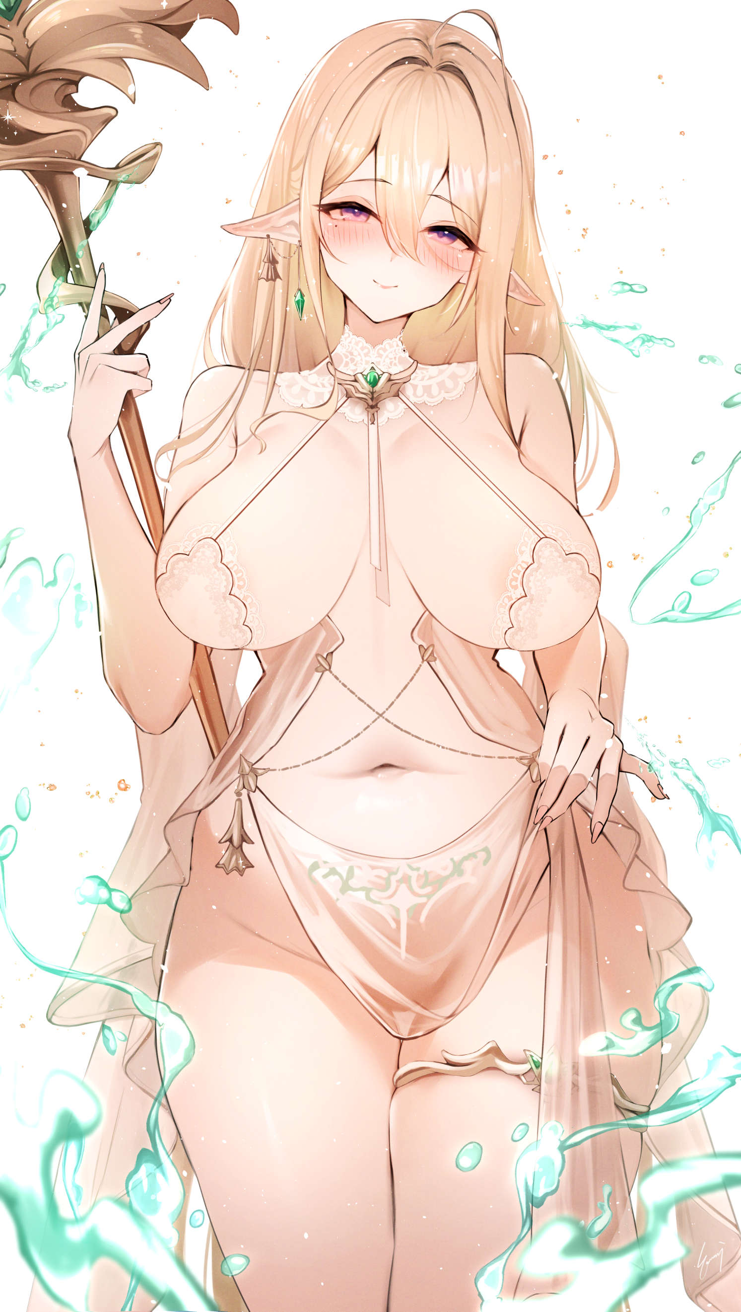 azur_lane garter gouden_leeuw_(azur_lane) lingerie no_bra nopan pointy_ears sea_nami see_through skirt_lift tattoo weapon