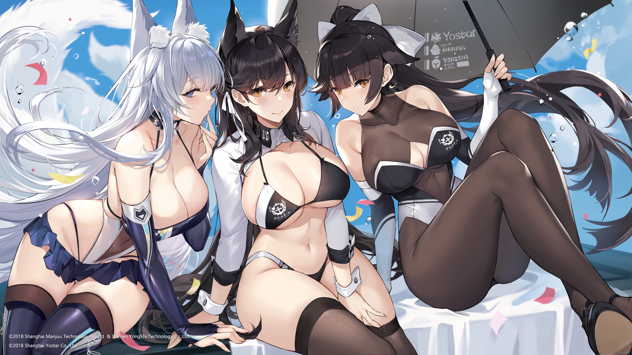 animal_ears atago_(azur_lane) azur_lane bikini bodysuit hatoyama_itsuru kitsune leotard no_bra see_through shinano_(azur_lane) swimsuits tail takao_(azur_lane) thighhighs thong umbrella uniform yostar