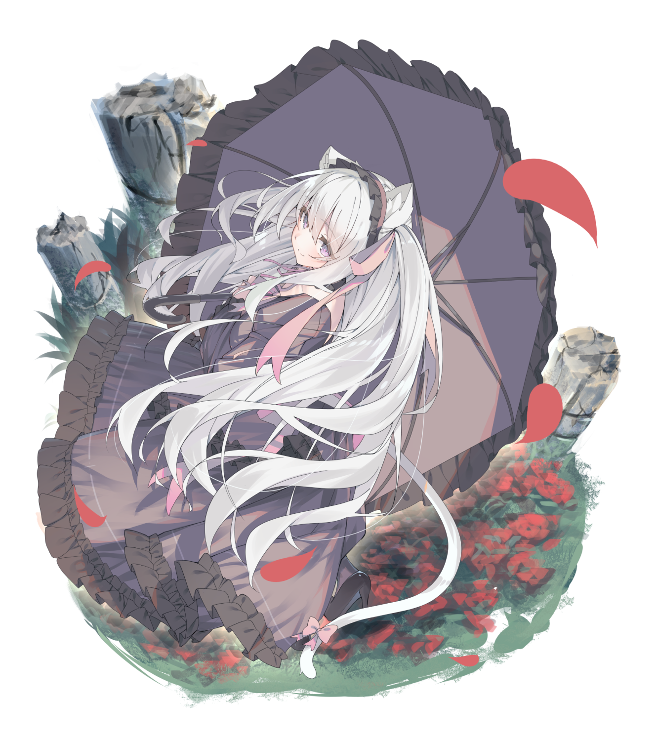 animal_ears dress heels nekomimi skirt_lift tail umbrella youduki