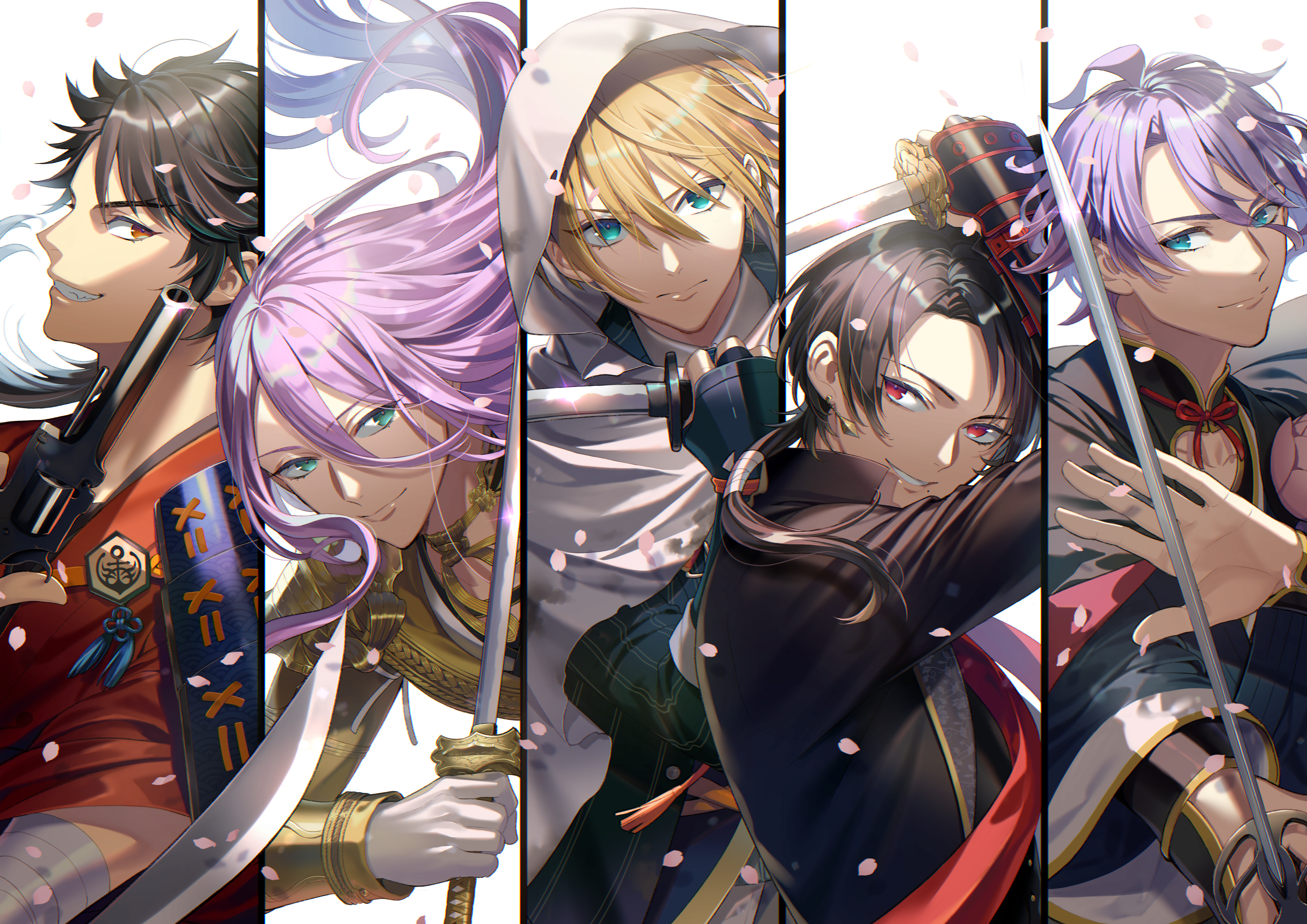 gun hachisuka_kotetsu japanese_clothes kasen_kanesada kashuu_kiyomitsu male mutsu-no-kami_yoshiyuki noes sword touken_ranbu yamanbagiri_kunihiro