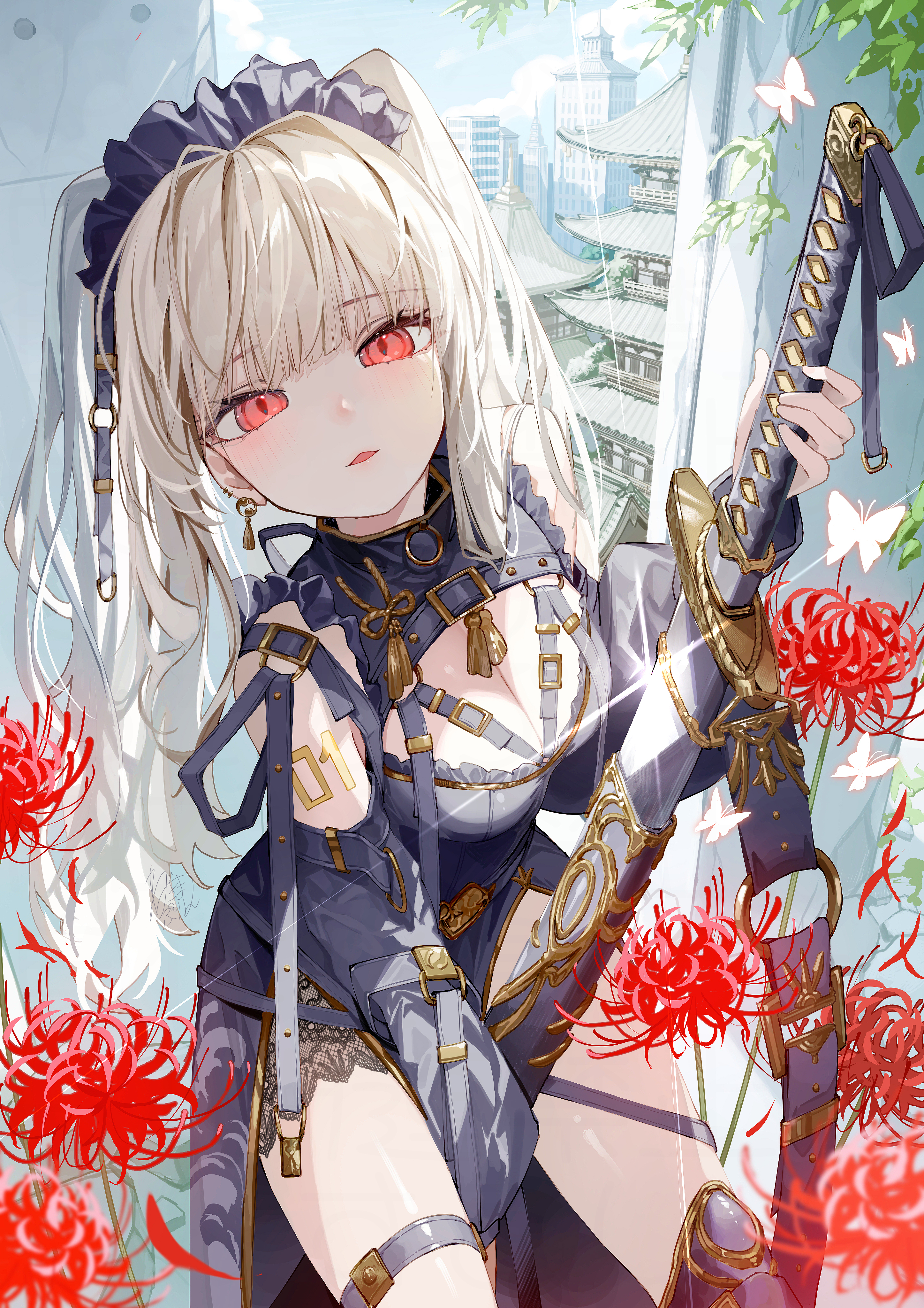 garter lolita_fashion negimapurinn no_bra sword tattoo thighhighs