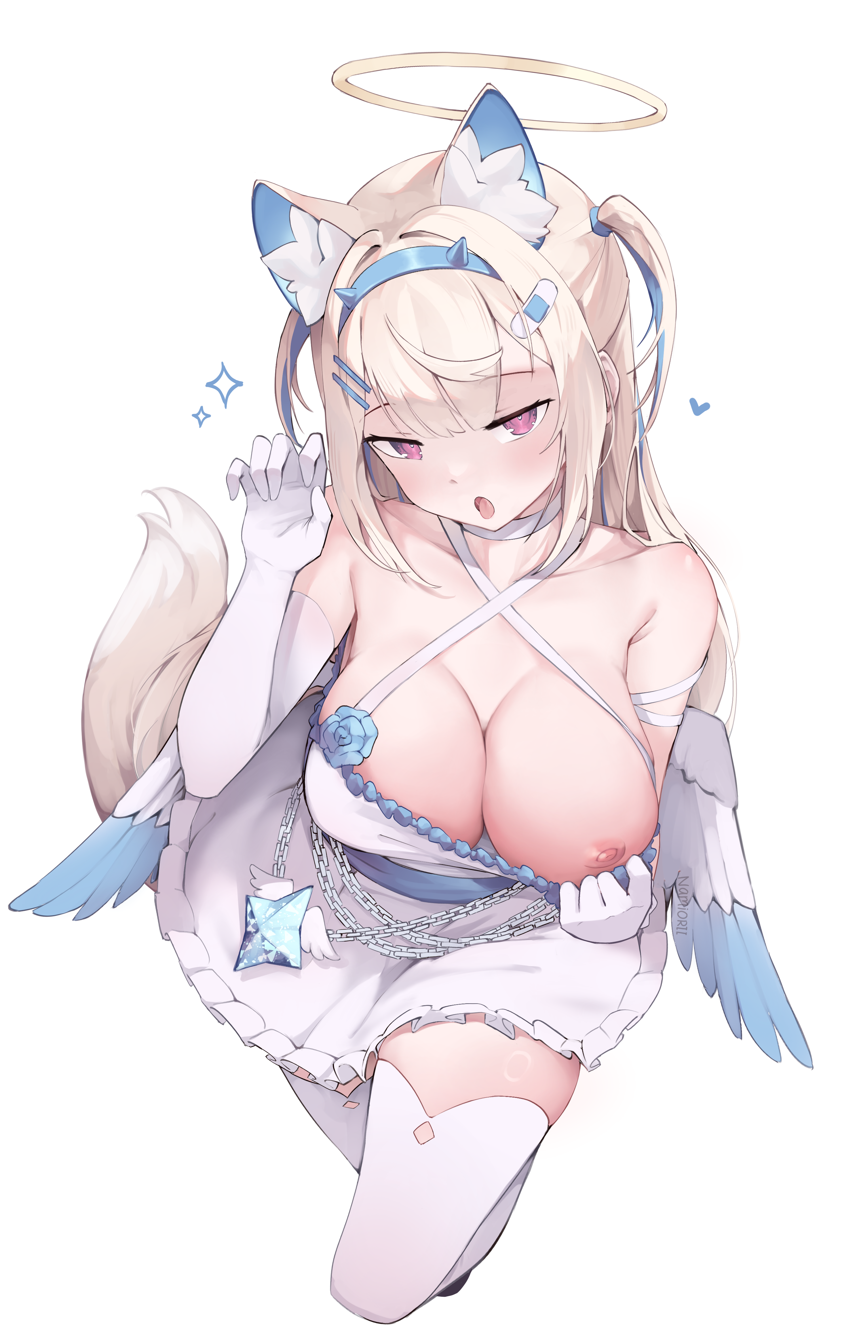 angel animal_ears bandaid breasts fuwawa_abyssgard hololive hololive_english inumimi namiorii nipples no_bra tail thighhighs undressing wings