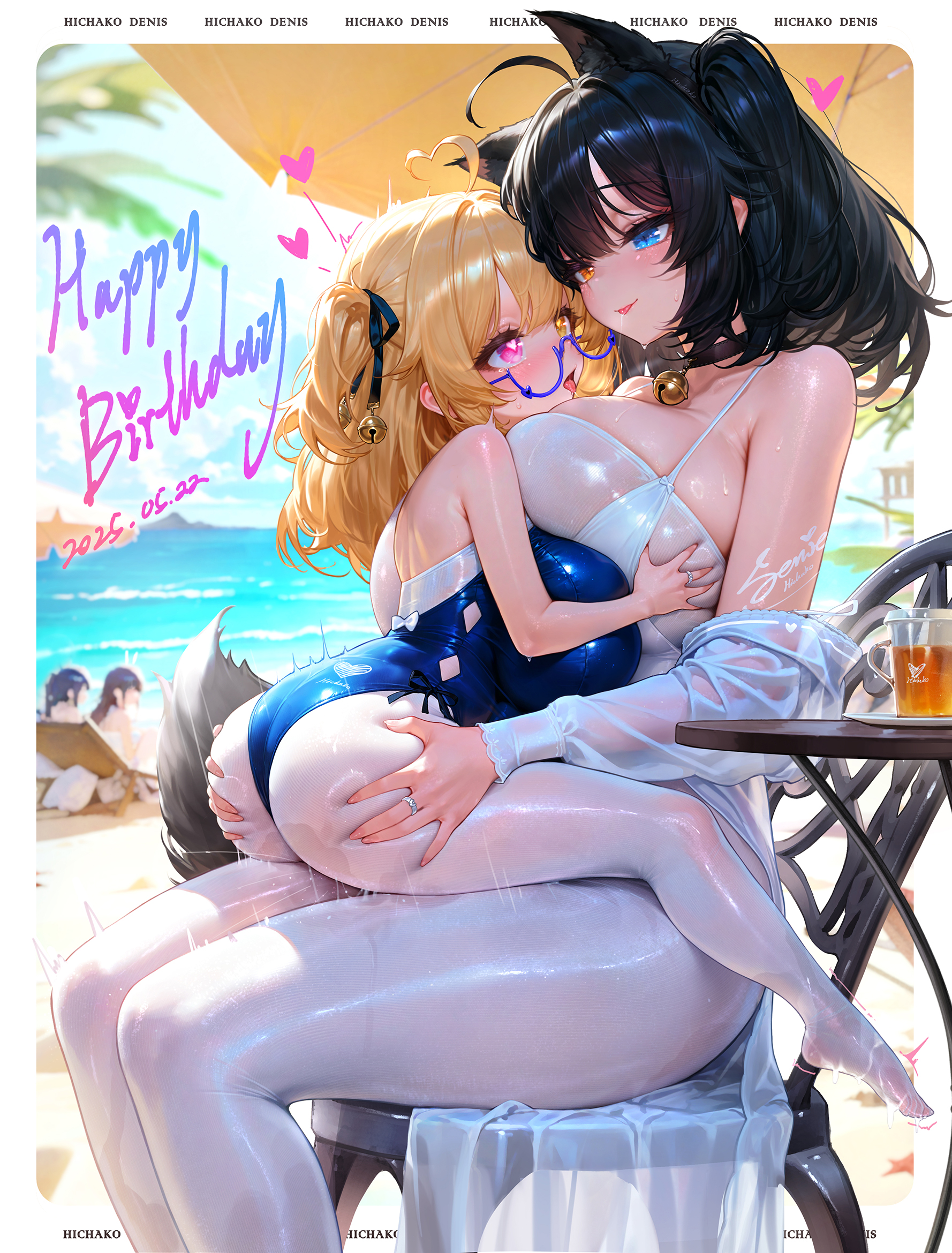 animal_ears ass ass_grab breast_grab cum dk_senie futanari heterochromia loli megane pantyhose see_through sex swimsuits symmetrical_docking tail wet yuri