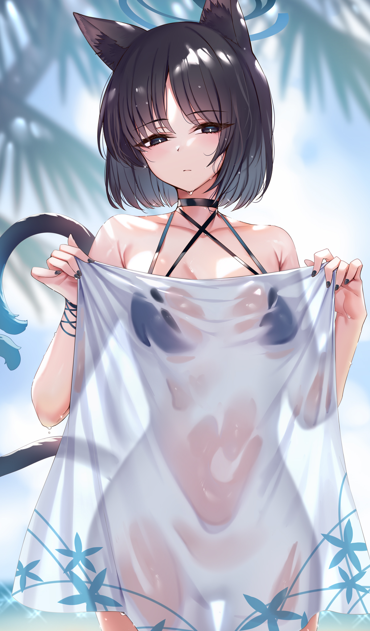 animal_ears bikini_top blue_archive bottomless halo japanese_clothes kiryuu_kikyou ks nekomimi see_through swimsuits tail wet wet_clothes