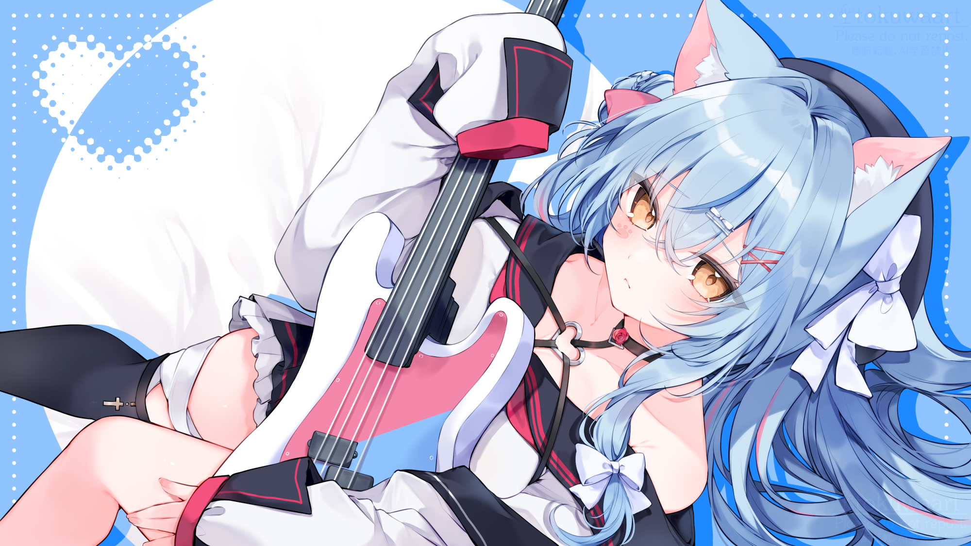 animal_ears bandages fukunoki_tokuwa guitar indie_virtual_youtuber nekoma_umi nekomimi seifuku thighhighs