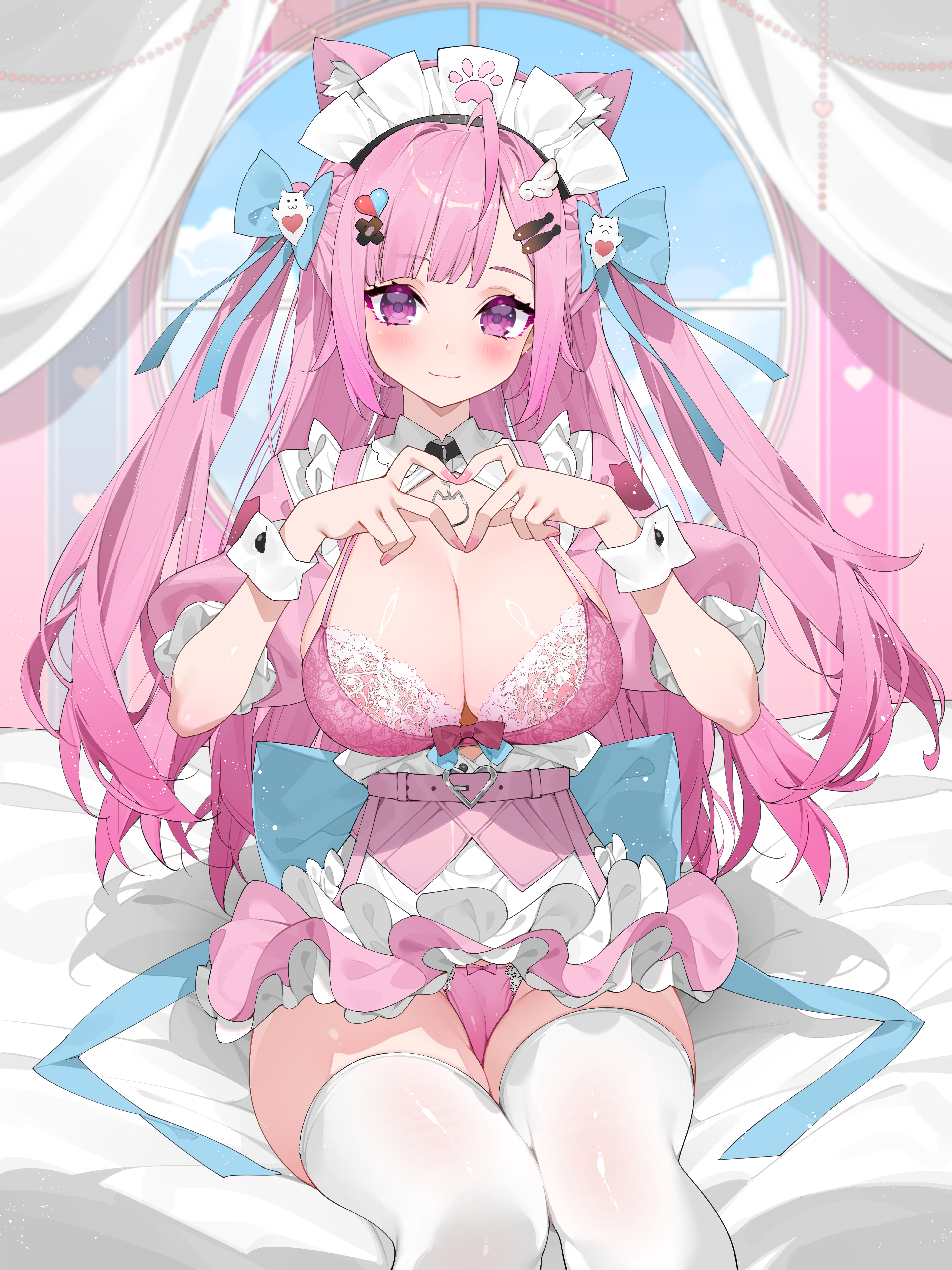 animal_ears bra cameltoe indie_virtual_youtuber lingerie maid nekomimi open_shirt pantsu see_through skirt_lift thighhighs waterring yuuki_sakuna