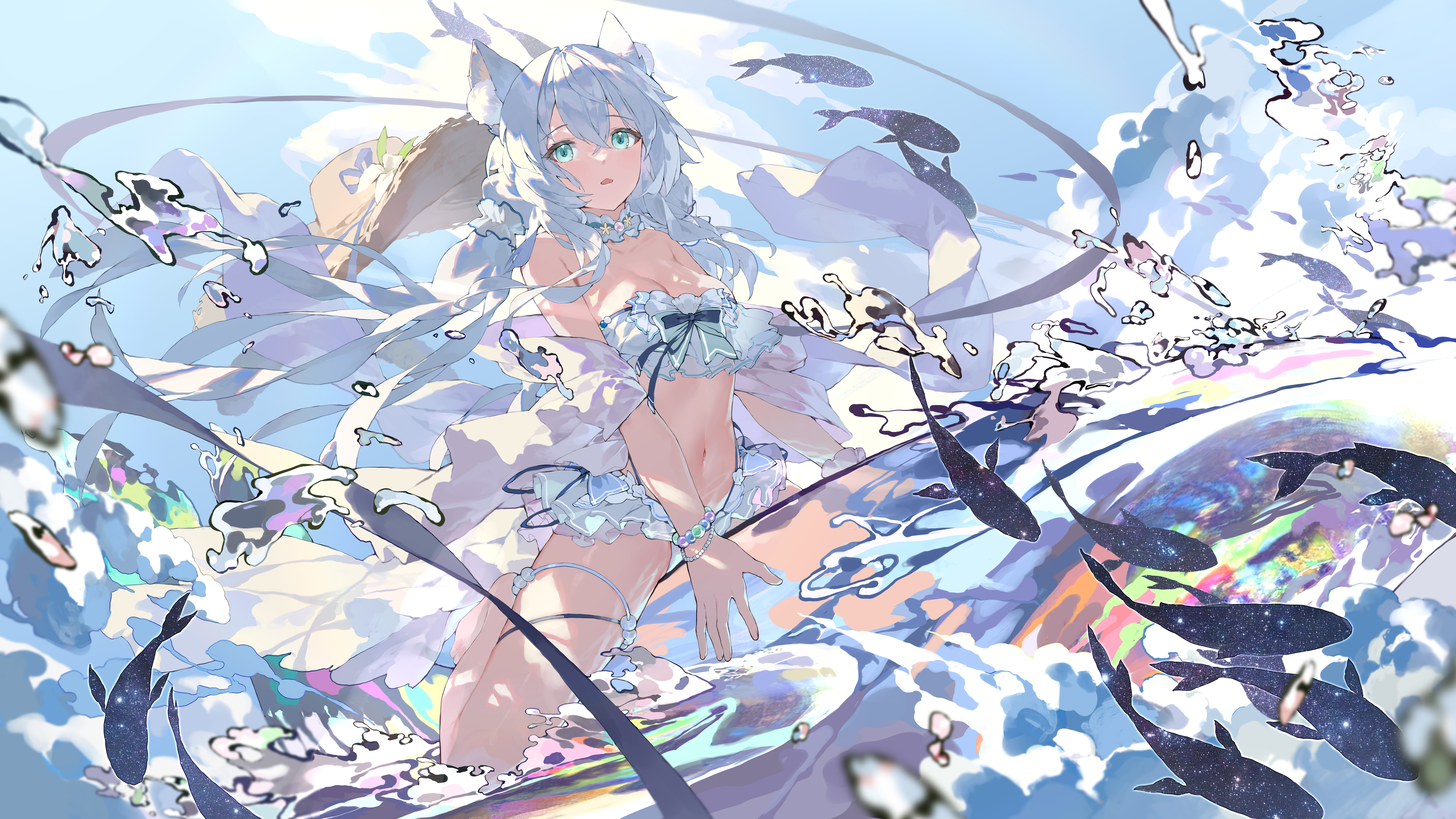 animal_ears bikini bodhi_wushushenghua garter swimsuits wet