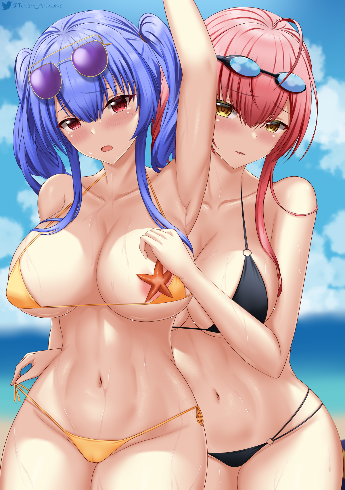 areola azur_lane bikini megane pola_(azur_lane) swimsuits togare wet yuri zara_(azur_lane)