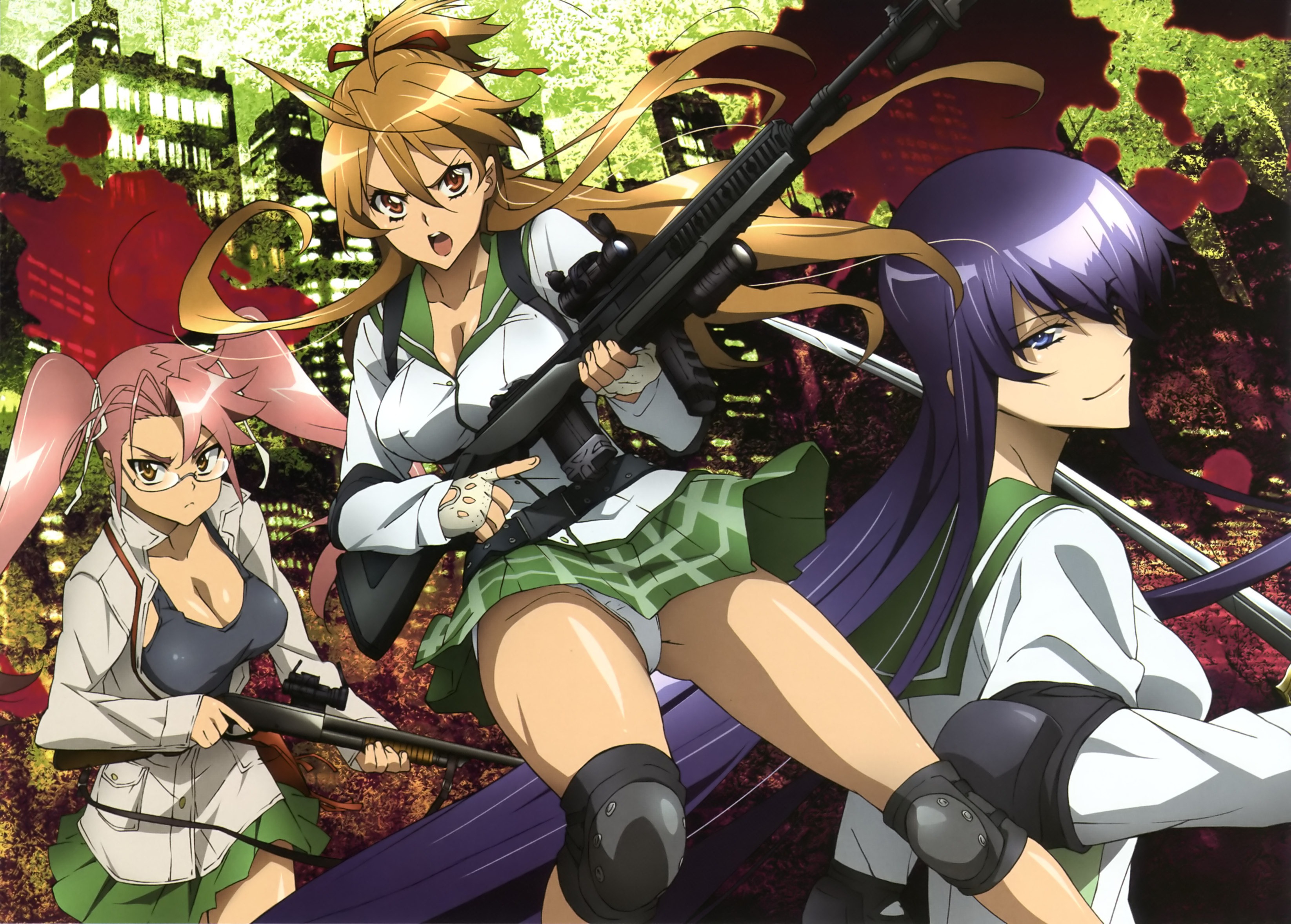 busujima_saeko gun highschool_of_the_dead megane miyamoto_rei pantsu seifuku takagi_saya