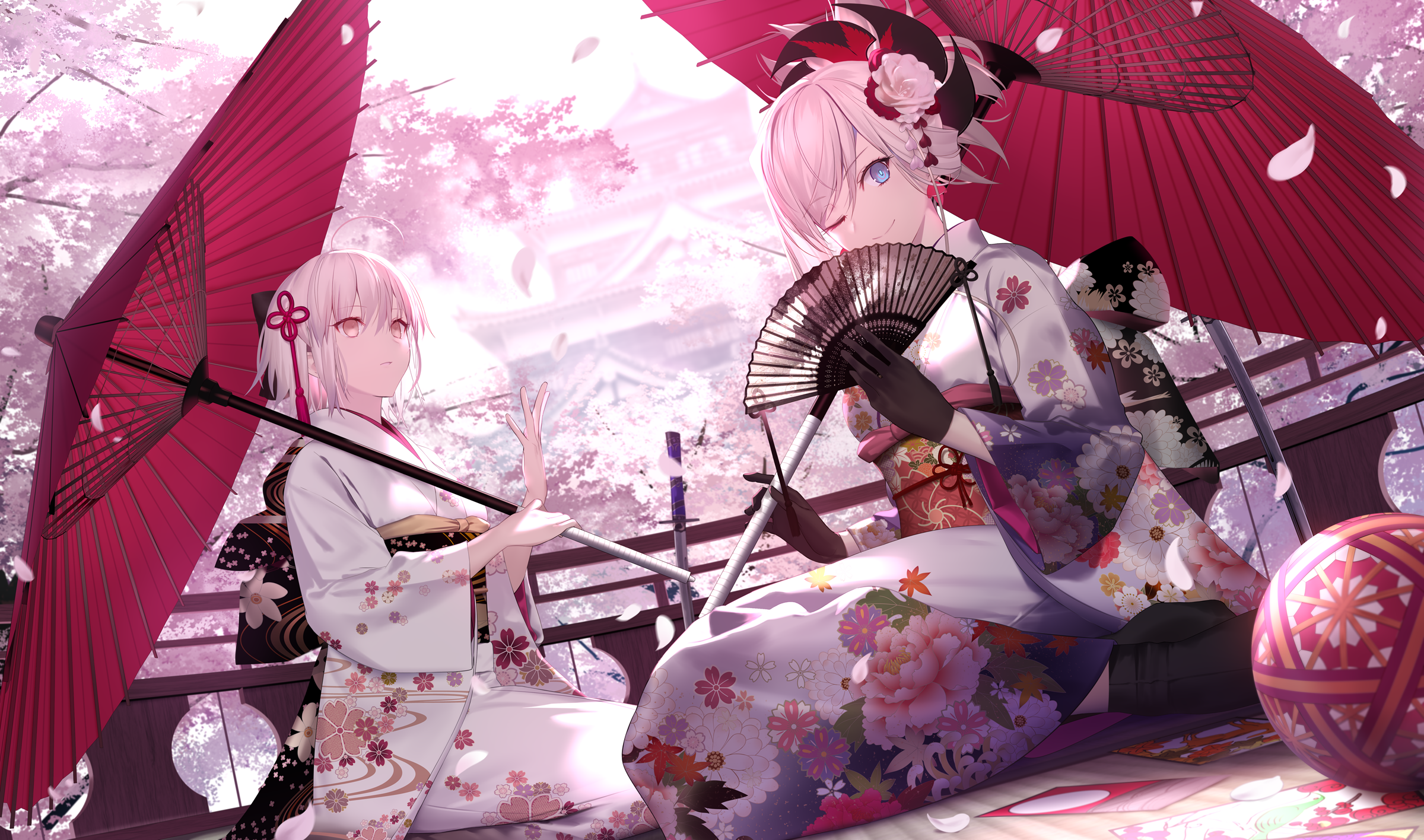 fate/grand_order kimono mashima_saki_(mashimasa) miyamoto_musashi_(fate) okita_souji_(fate) umbrella