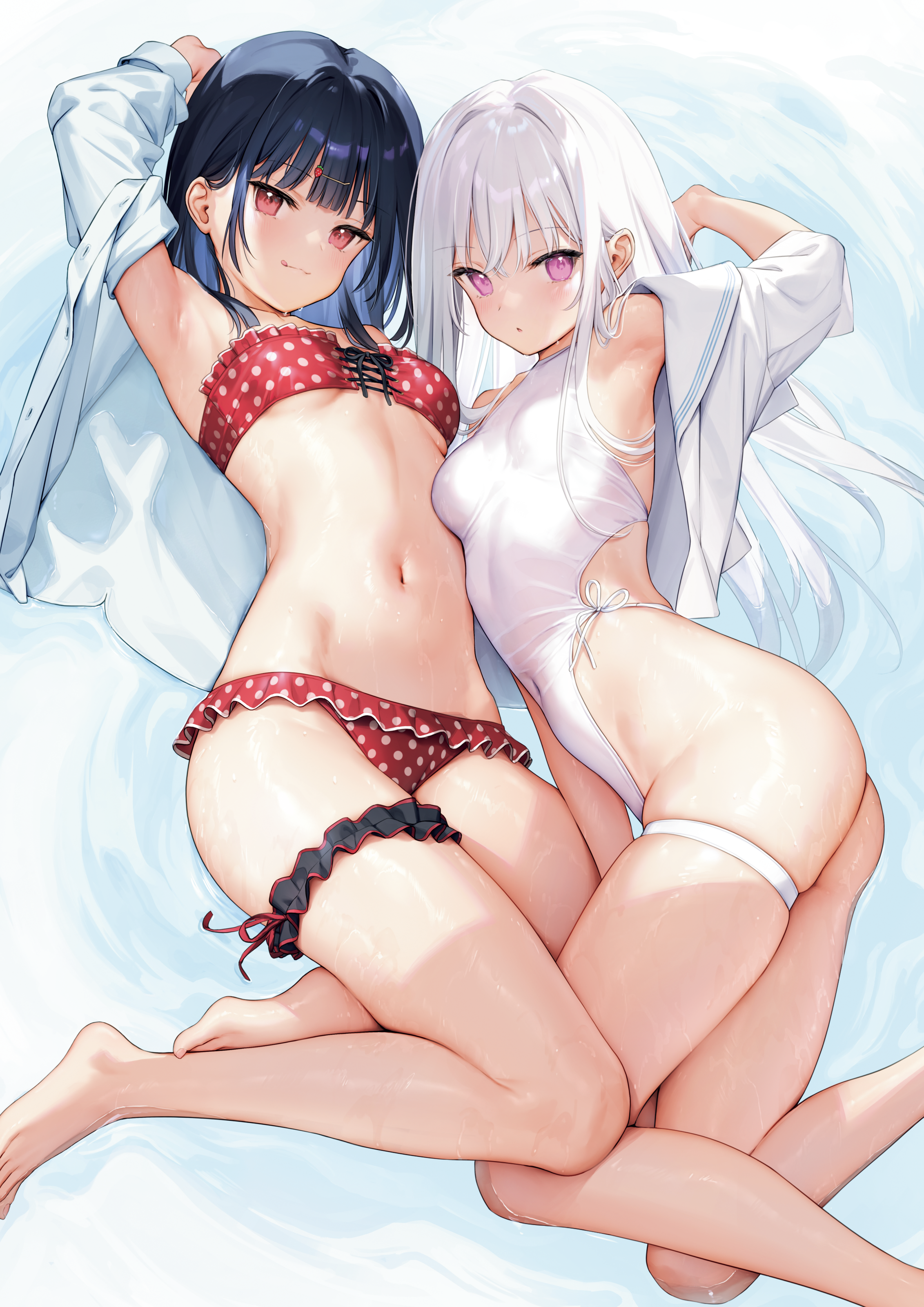 bikini digital_version dress_shirt garter ichigo_(mignon) mignon open_shirt shiro_(mignon) swimsuits wet