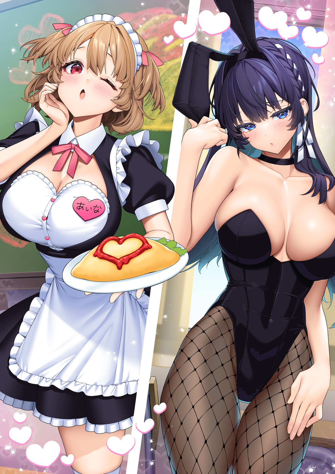 animal_ears bunny_ears bunny_girl fishnets giuniu maid no_bra otoko_girai_na_bijin_shimai_wo_namae_mo_tsugezu_ni_tasuketara_ittai_dounaru? pantyhose shinjou_aina shinjou_arisa thighhighs waitress