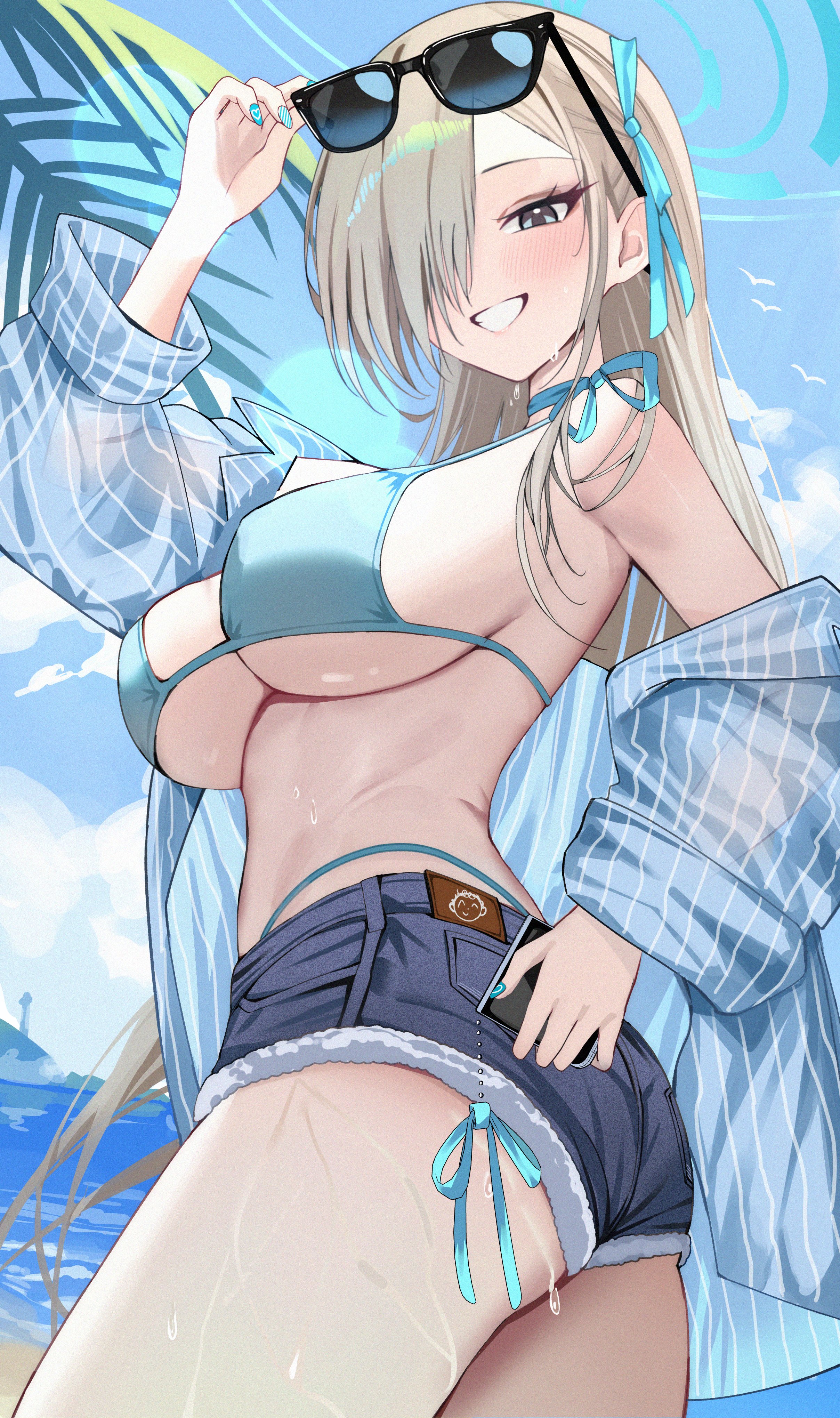 bikini blue_archive halo ichinose_asuna mango_(mango0208) megane open_shirt see_through swimsuits wet