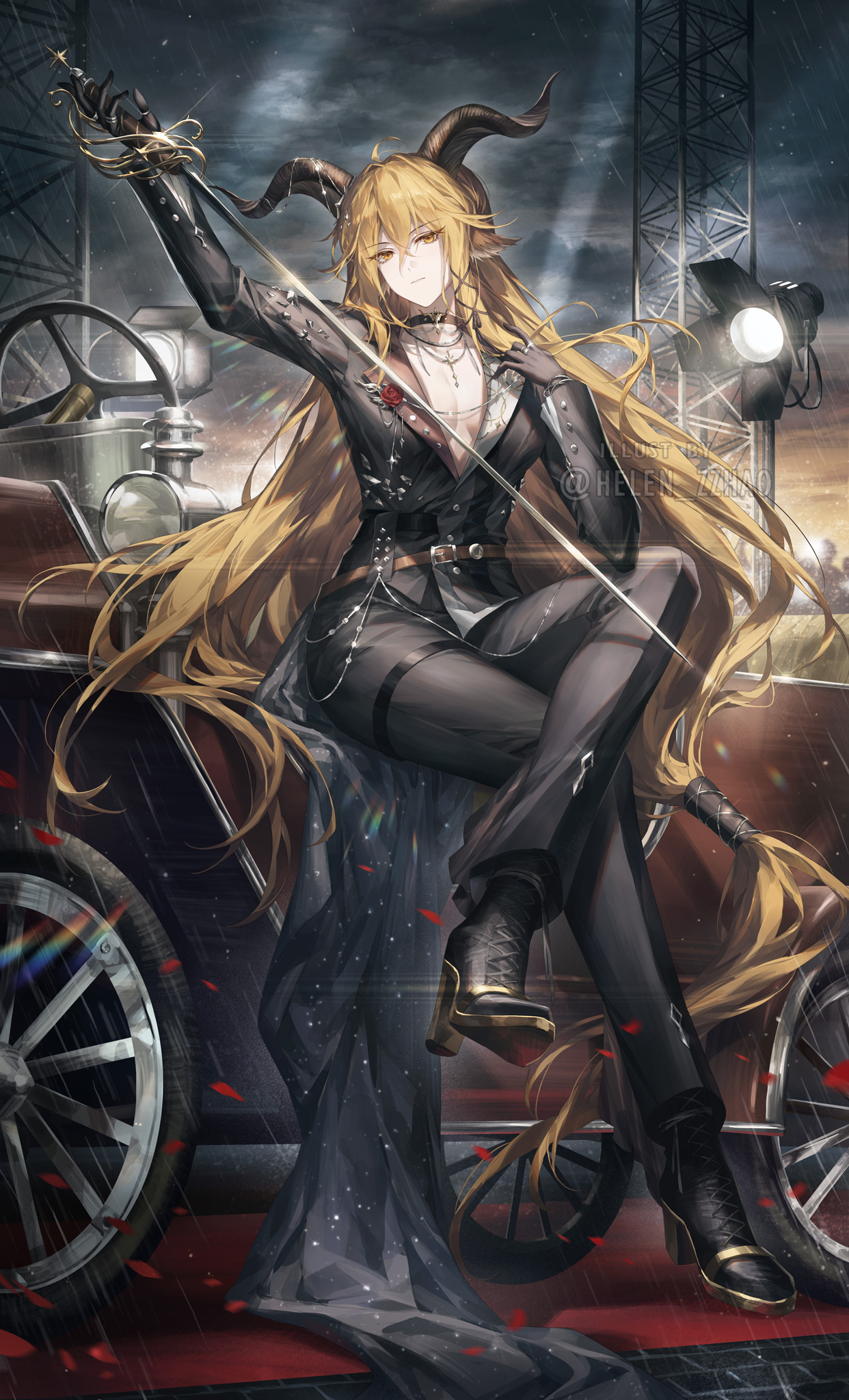 animal_ears arknights degenbrecher_(arknights) garter heels helen_zzhao horns no_bra official_watermark open_shirt sword uniform