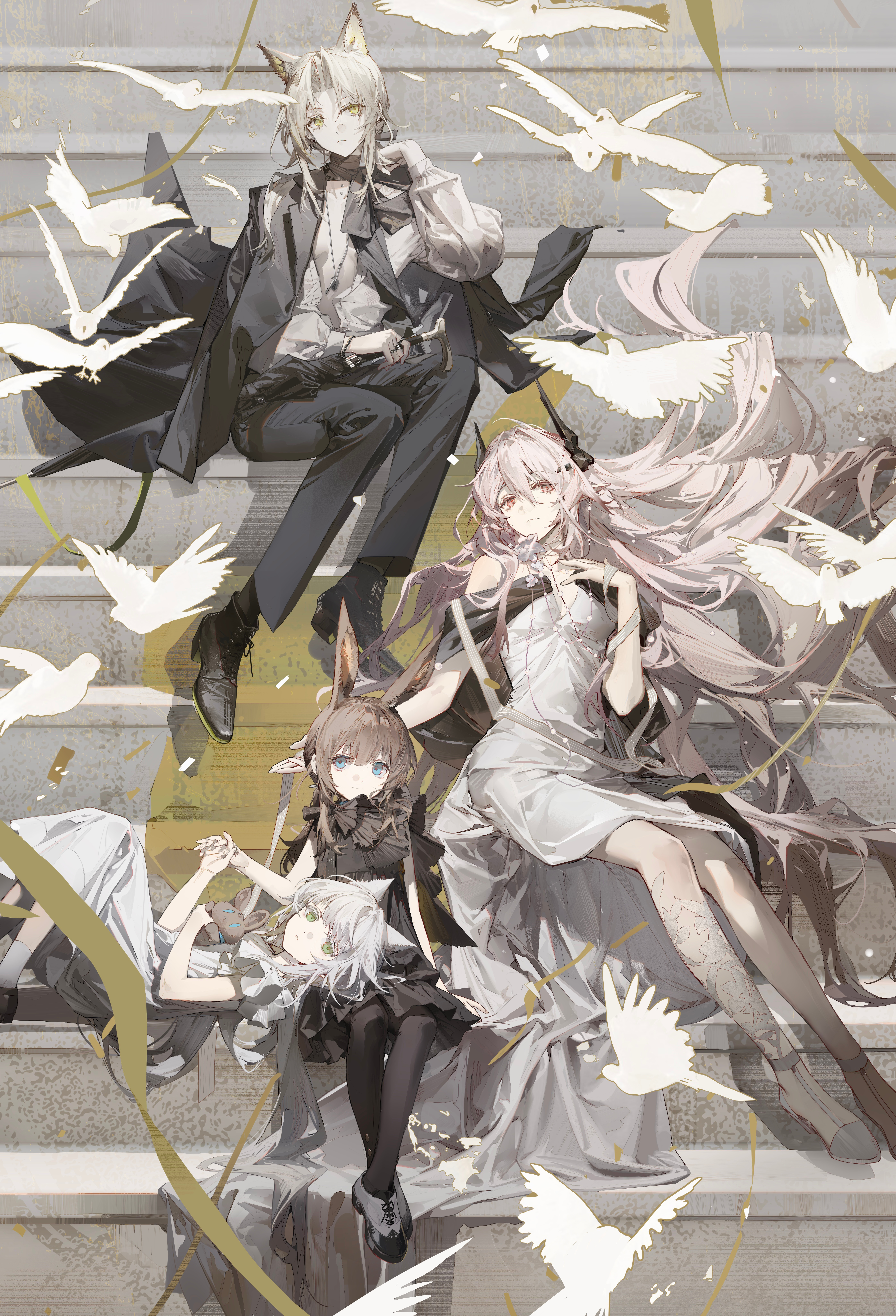 amiya_(arknights) animal_ears arknights bunny_ears detexted dress heels horns kal'tsit_(arknights) min_(120716) no_bra open_shirt pantyhose rosmontis_(arknights) skirt_lift theresa_(arknights) umbrella