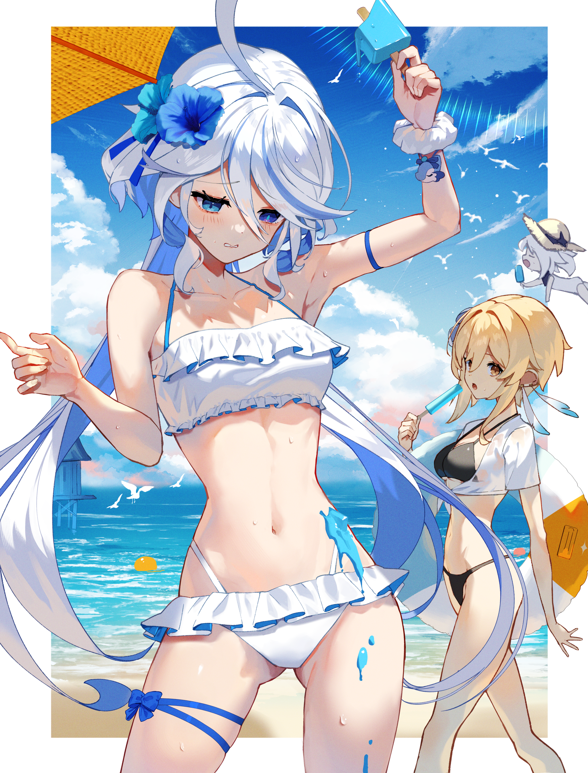 bikini cream furina garter genshin_impact heterochromia lumine open_shirt paimon scottie see_through swimsuits wet wet_clothes