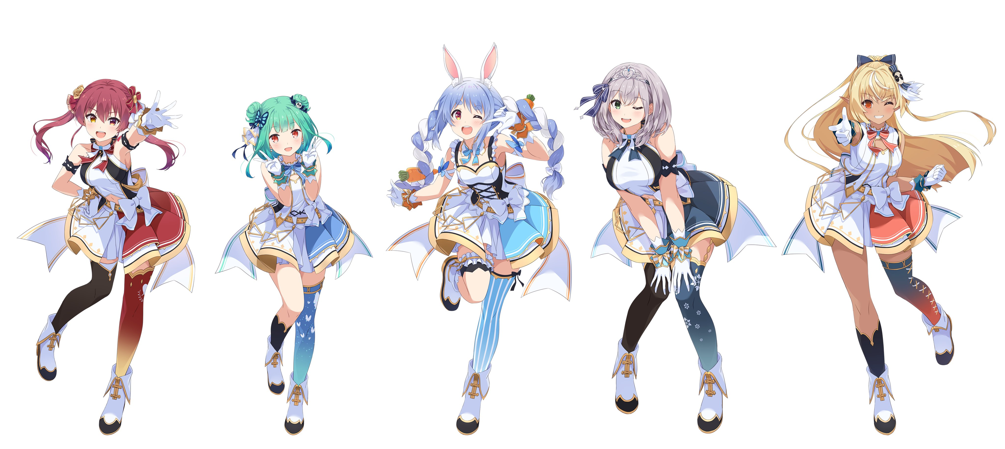 animal_ears bunny_ears elf garter heterochromia hololive houshou_marine narumi_nanami pointy_ears shiranui_flare shirogane_noel skirt_lift stockings thighhighs uniform uruha_rushia usada_pekora