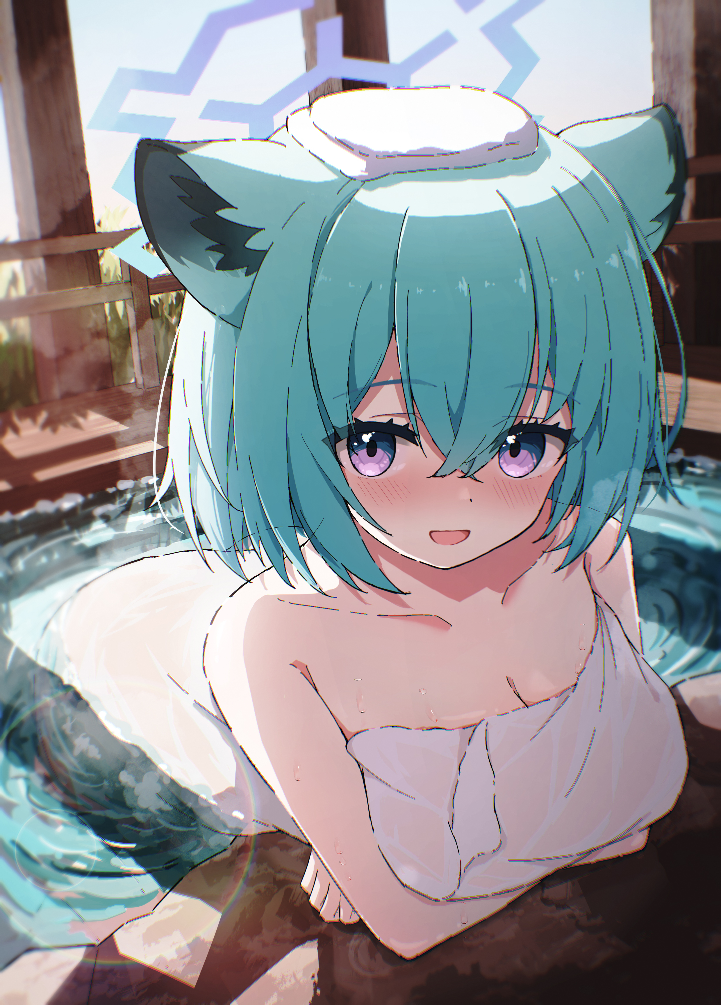 animal_ears blue_archive halo mayoi_shigure moru_(moru20000) onsen see_through towel wet