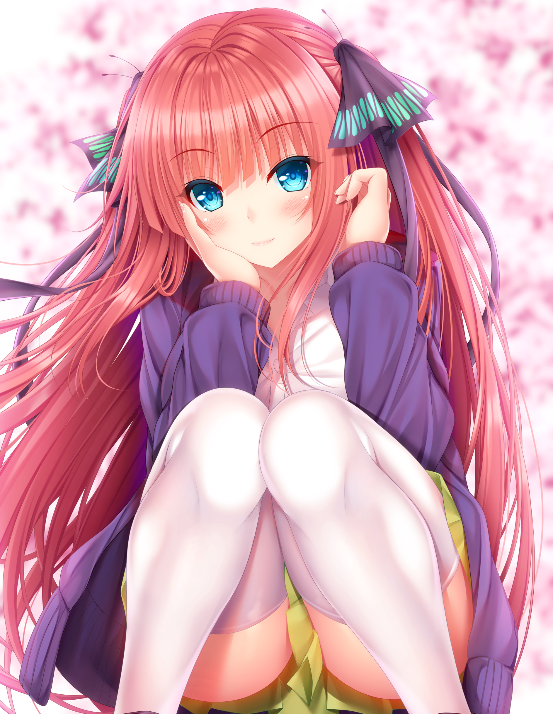 5-toubun_no_hanayome nakano_nino seifuku skirt_lift sweater thighhighs yunagi_amane