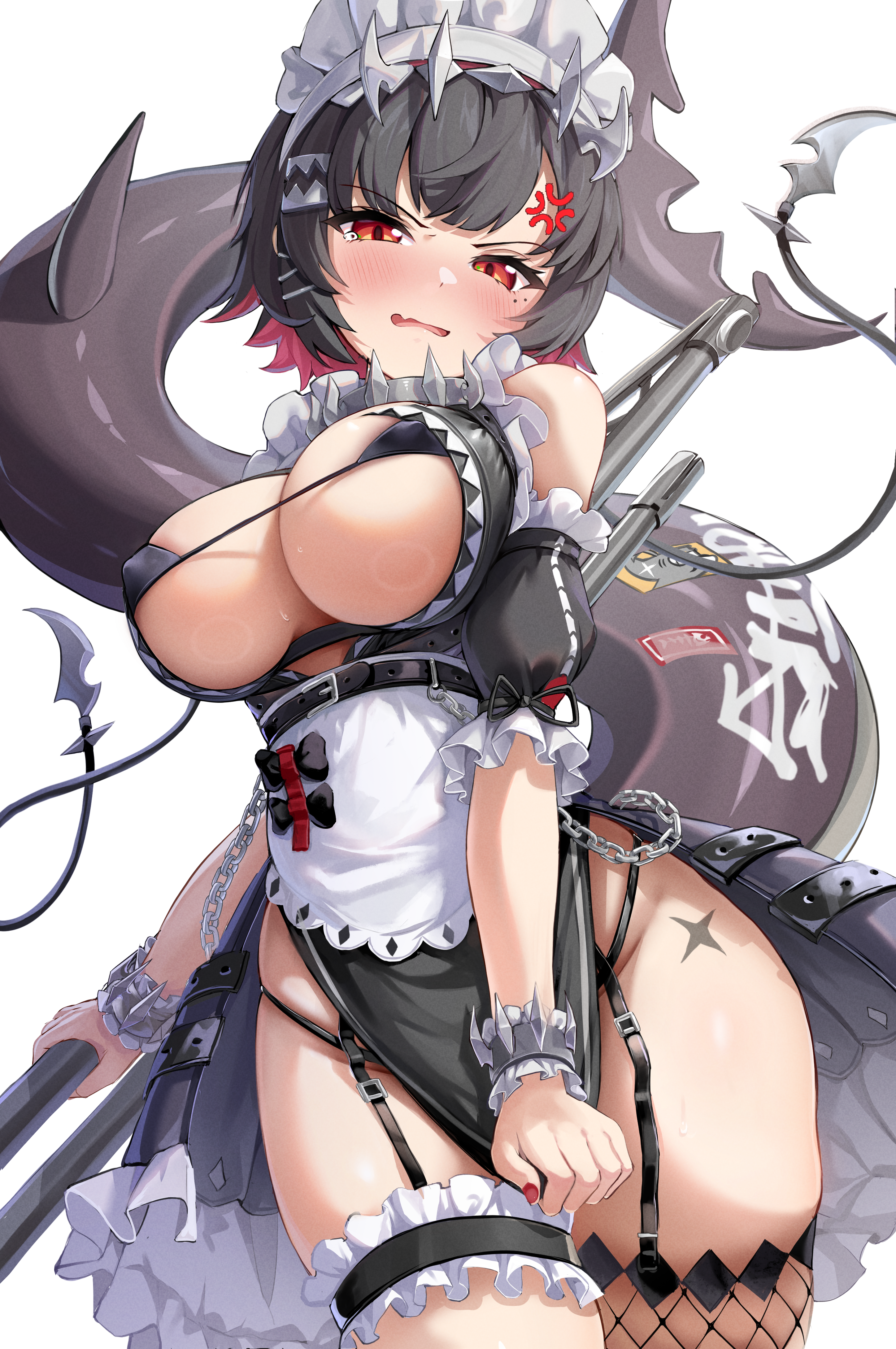 bikini ellen_joe erect_nipples fishnets garter maid open_shirt shiranui_(nisioisin_sinob) stockings swimsuits tail tattoo thighhighs weapon zenless_zone_zero