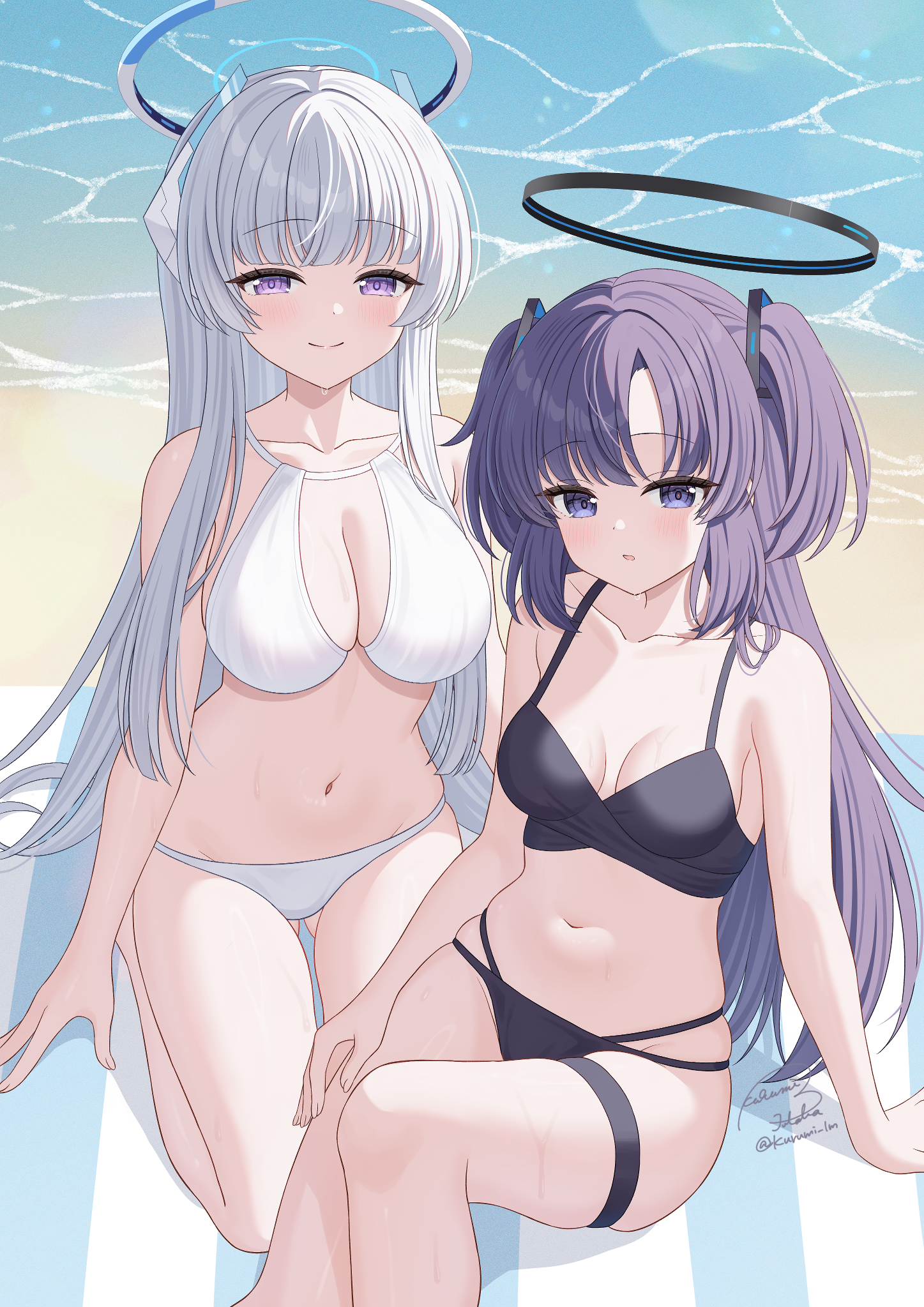 bikini blue_archive futaba_kurumi garter halo hayase_yuuka swimsuits ushio_noa wet