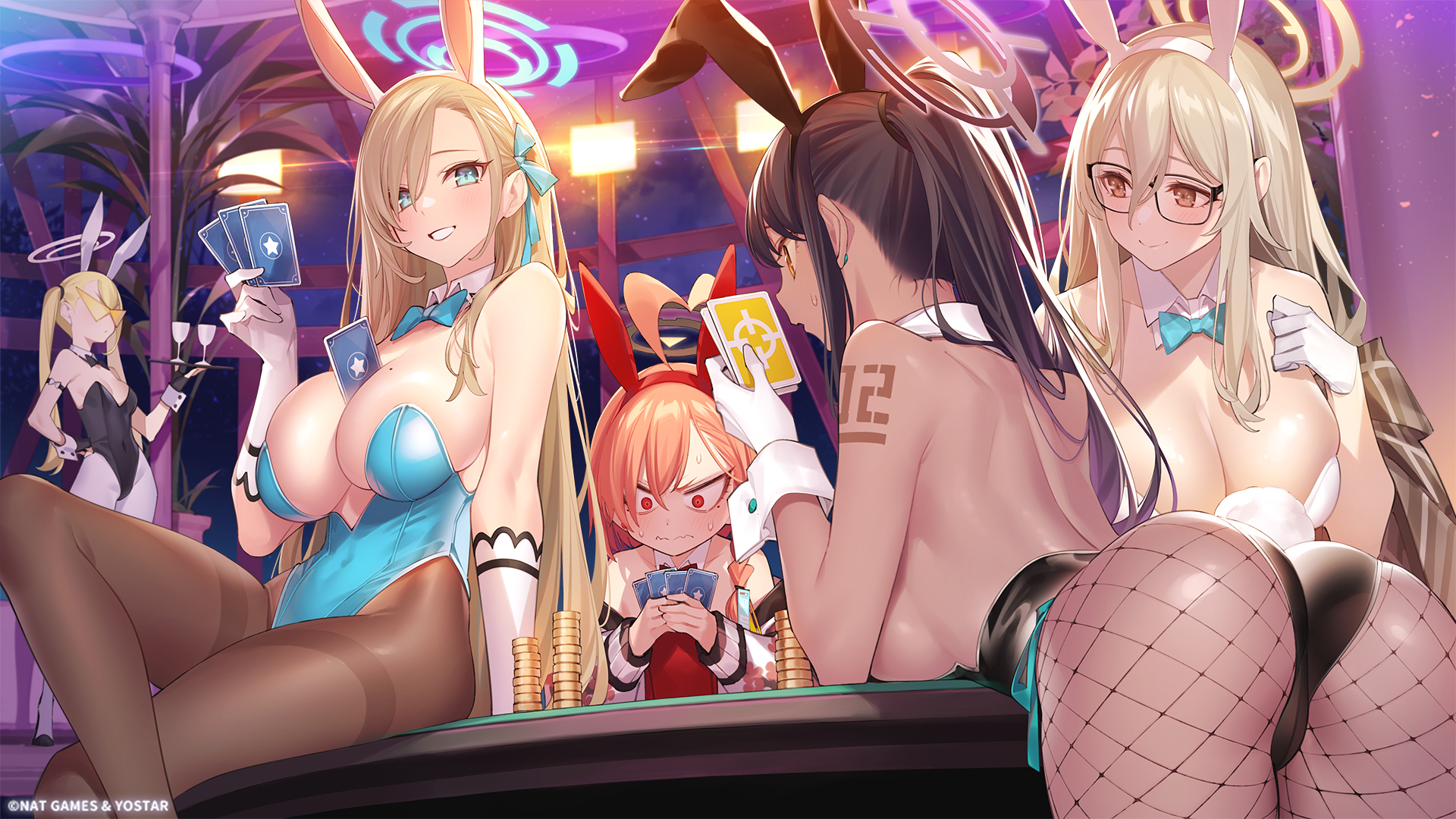 animal_ears ass blue_archive bunny_ears bunny_girl fishnets halo ichinose_asuna kakudate_karin megane mikamo_neru murokasa_akane no_bra pantyhose popqn tail tattoo wallpaper