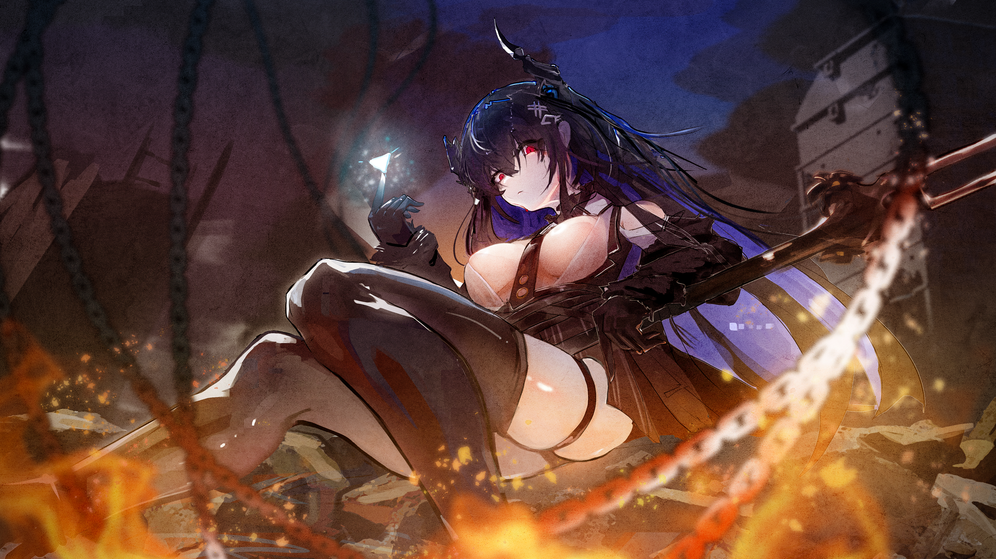 garter hololive hololive_english horns nereb_72 nerissa_ravencroft no_bra see_through thighhighs weapon