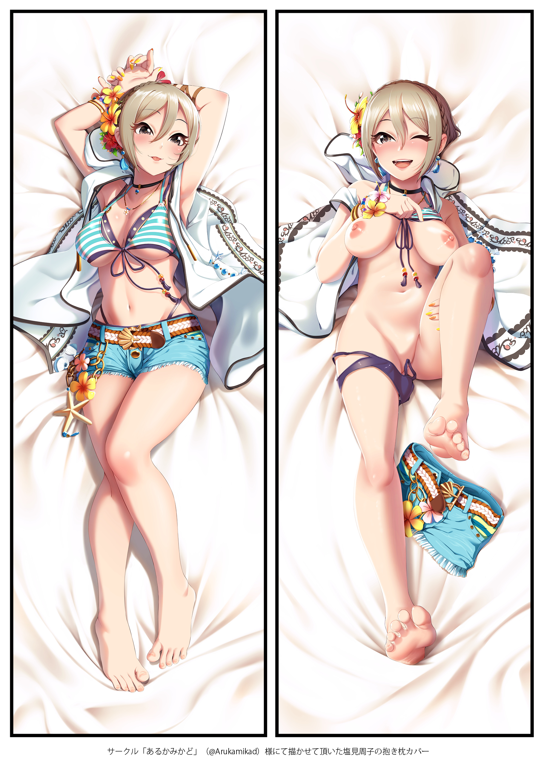 bikini breasts casino_(casinoep) dakimakura dicebomb feet nipples open_shirt panty_pull shiomi_shuuko swimsuits the_idolm@ster the_idolm@ster_cinderella_girls undressing