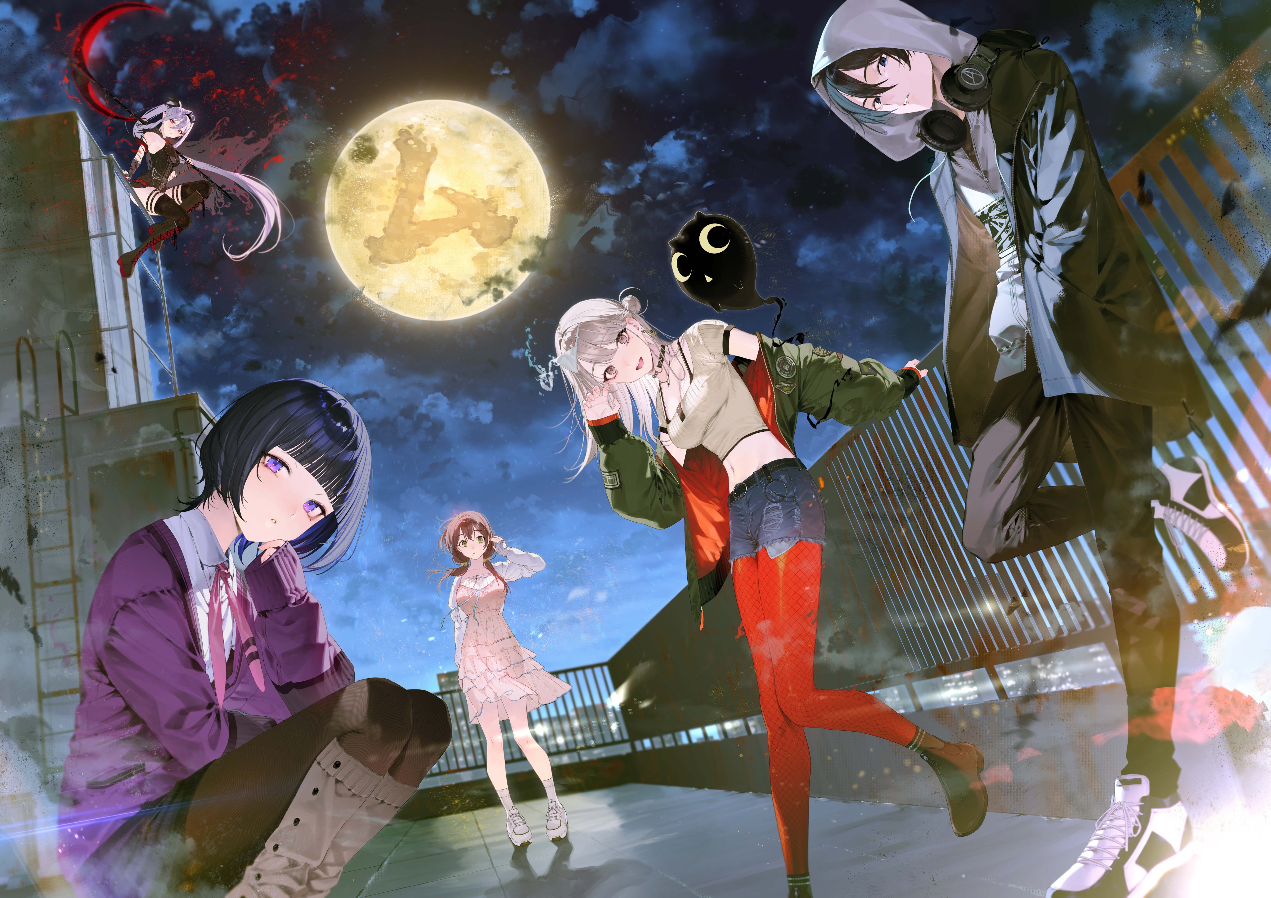 dress fishnets garter headphones kayahara musekinin_shuugoutai_(synthesizer_v) pantyhose pointy_ears seifuku skirt_lift sweater synthesizer_v thighhighs torn_clothes weapon